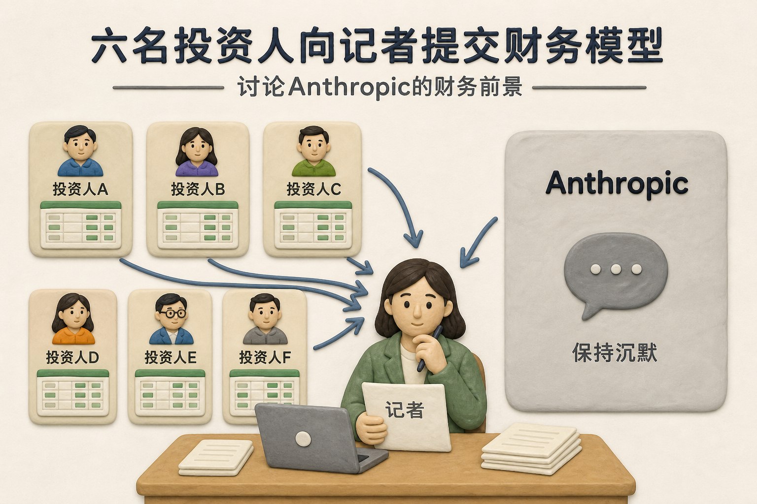 六名投资人的财务模型表格汇聚成一份媒体报道,Anthropic公司一侧保持沉默,箭头只表示信息从投资方流向记者,不显示估值或日期,浅色背景的商业评论版橡皮泥平面信息图的统一风格。