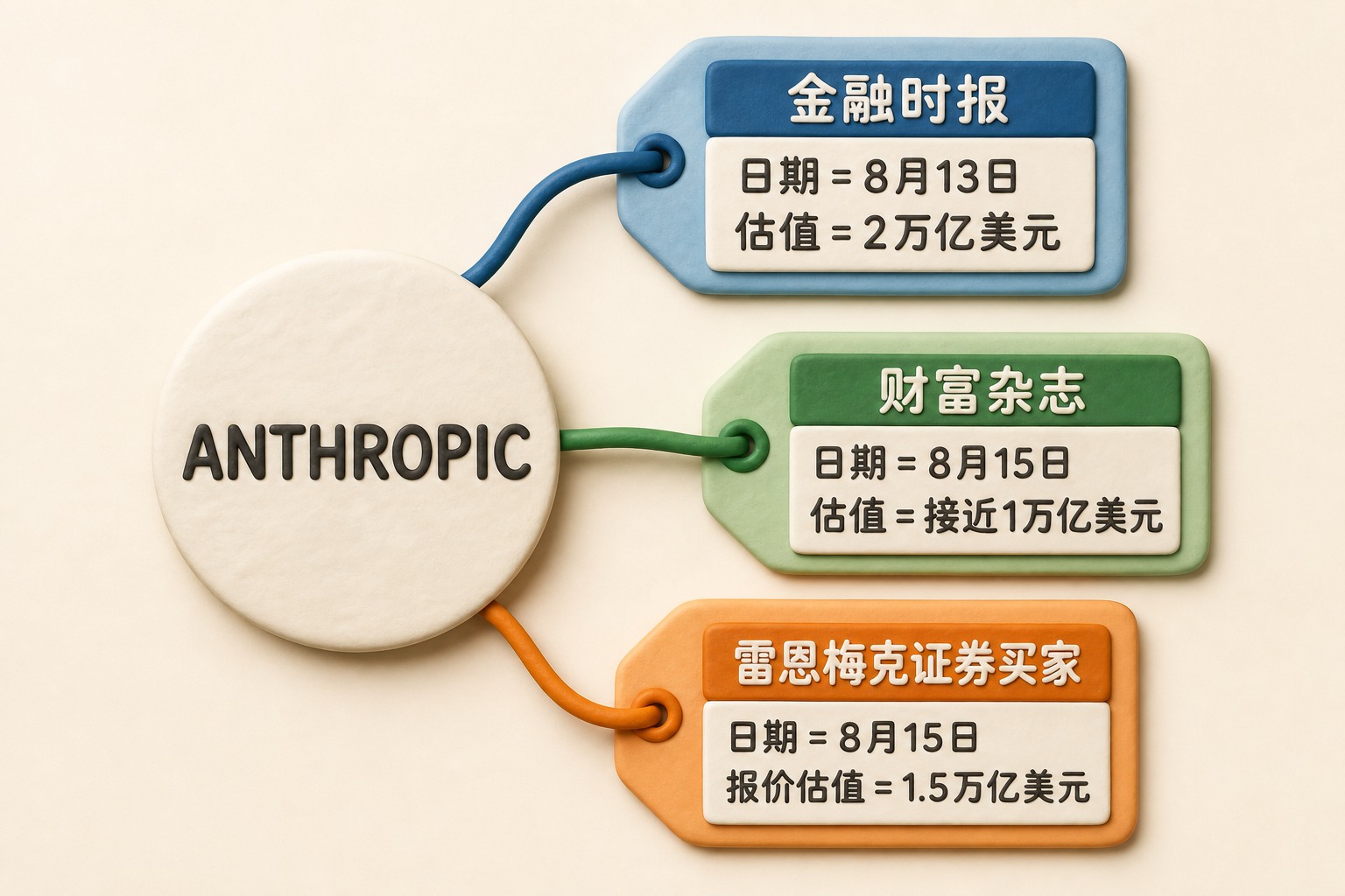 三层价格标签围绕同一家Anthropic公司形成对照,分别连接媒体报道、上次融资与场外买家报价,数据:金融时报|日期=8月13日|估值=2万亿美元;财富杂志|日期=8月15日|估值=接近1万亿美元;雷恩梅克证券买家|日期=8月15日|报价估值=1.5万亿美元。只显示以上文字与数据,不补充其他数字、日期、比例、排名或因果关系。浅色背景的商业评论版橡皮泥平面信息图的统一风格。