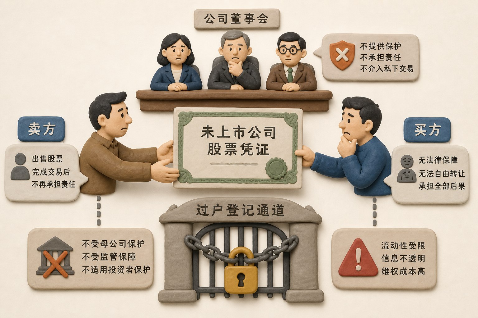 一张未上市公司股票凭证夹在卖方、买方和公司董事会之间,过户登记通道被锁住,突出私下交易不受母公司保护与买家只能承担后果的风险,不显示具体数字或日期,浅色背景的商业评论版橡皮泥平面信息图的统一风格。