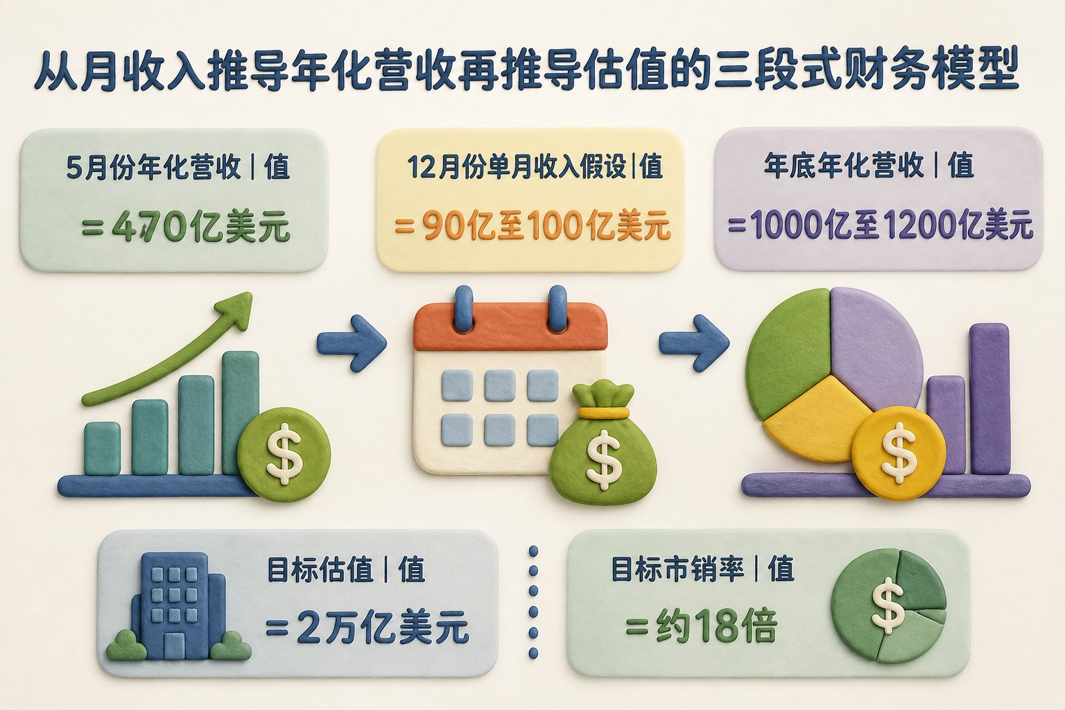 从月收入推导年化营收再推导估值的三段式财务模型,数据:5月份年化营收|值=470亿美元;12月份单月收入假设|值=90亿至100亿美元;年底年化营收|值=1000亿至1200亿美元;目标估值|值=2万亿美元;目标市销率|值=约18倍。只显示以上文字与数据,不补充其他数字、日期、比例、排名或因果关系。浅色背景的商业评论版橡皮泥平面信息图的统一风格。