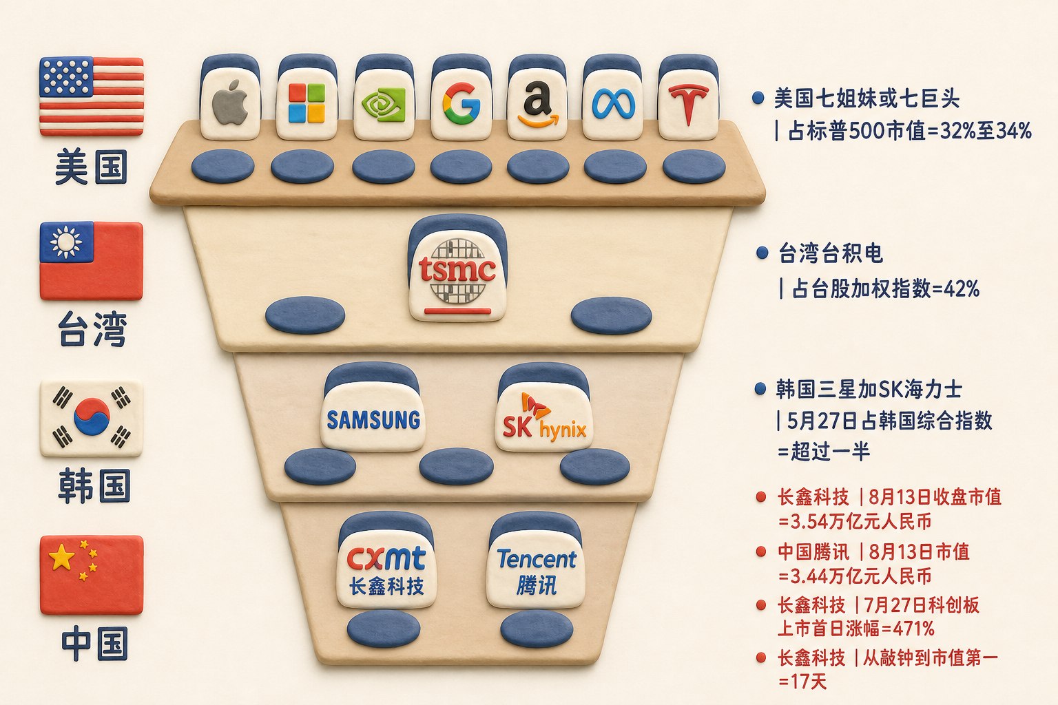 美国、台湾、韩国、中国四个市场并列在一张逐渐收窄的资本餐桌上,头部公司占据更大席位,数据:美国七姐妹或七巨头|占标普500市值=32%至34%;台湾台积电|占台股加权指数=42%;韩国三星加SK海力士|5月27日占韩国综合指数=超过一半;中国长鑫科技|8月13日收盘市值=3.54万亿元人民币;中国腾讯|8月13日市值=3.44万亿元人民币;长鑫科技|7月27日科创板上市首日涨幅=471%;长鑫科技|从敲钟到市值第一=17天。只显示以上文字与数据,不补充其他数字、日期、比例、排名或因果关系。浅色背景的商业评论版橡皮泥平面信息图的统一风格。