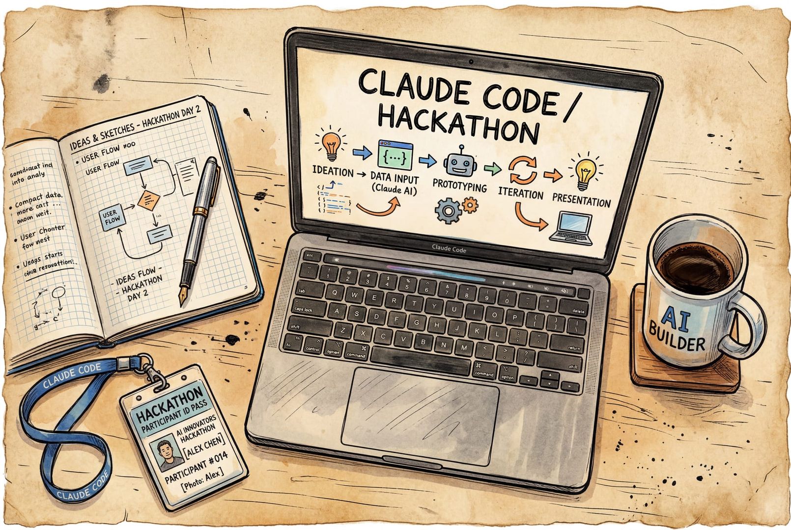 一张桌面俯视画面：打开的笔记本电脑屏幕上是“Claude code / hackathon”字样与流程草图，旁边放着记事本、钢笔、参赛证与一杯咖啡，体现白领与AI工具并置的氛围，羊皮纸，钢笔彩色手绘的统一风格。