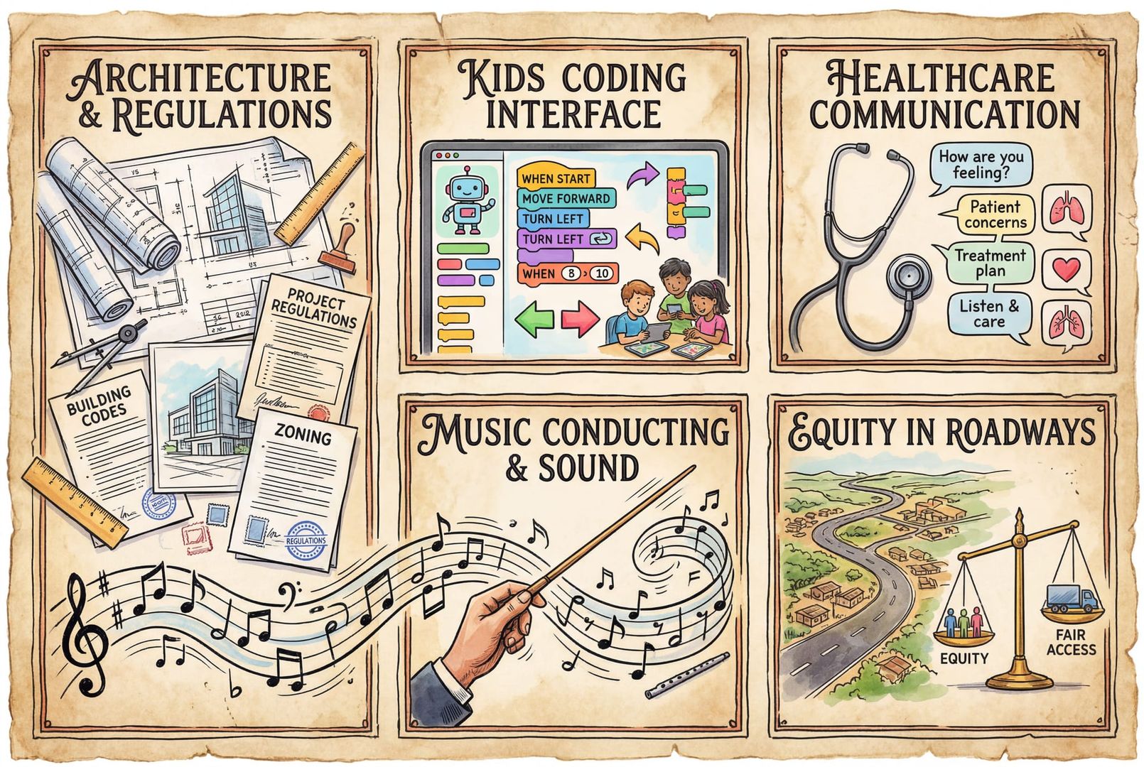 五个获奖项目的“展示墙”拼贴画面：建筑蓝图与法规文件、儿童积木式编程界面、听诊器与对话气泡、指挥棒与音符波形、非洲道路航拍与公平性天平图标并排呈现，羊皮纸，钢笔彩色手绘的统一风格。