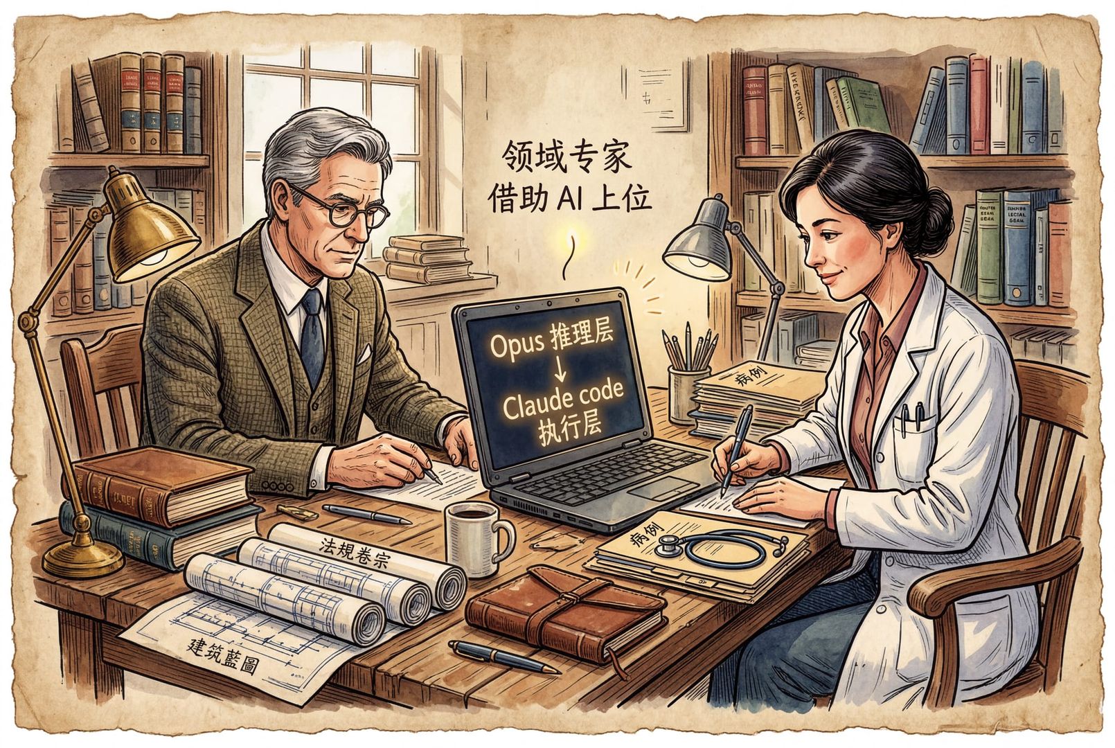 一位律师与一位医生并肩坐在工作台前：左侧是法规卷宗与建筑蓝图，右侧是病历与听诊器，中间是一台电脑上显示“Opus 推理层 → Claude code 执行层”的流程箭头，象征领域专家借助AI上位，羊皮纸，钢笔彩色手绘的统一风格。
