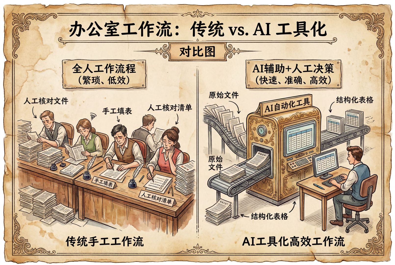 办公室里一条“工作流流水线”对比图：左边是一排人手工对齐文件、填表、核对清单；右边是一台标注“AI 工具化”的机器把文件快速整理成结构化表格，旁边的人在做决策与复核，羊皮纸，钢笔彩色手绘的统一风格。