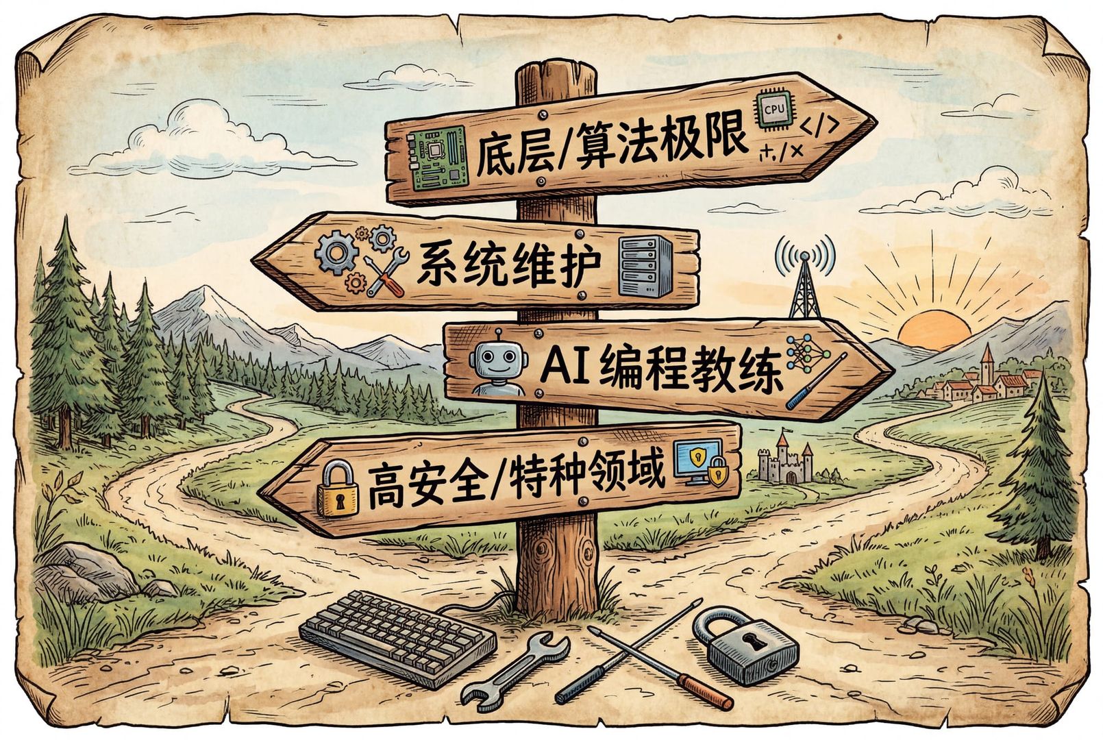  “程序员四条路”路牌场景：四个指向不同方向的木牌分别写着“底层/算法极限”“系统维护”“AI 编程教练”“高安全/特种领域”，路口旁放着键盘、扳手、教鞭与安全锁图标，羊皮纸，钢笔彩色手绘的统一风格。