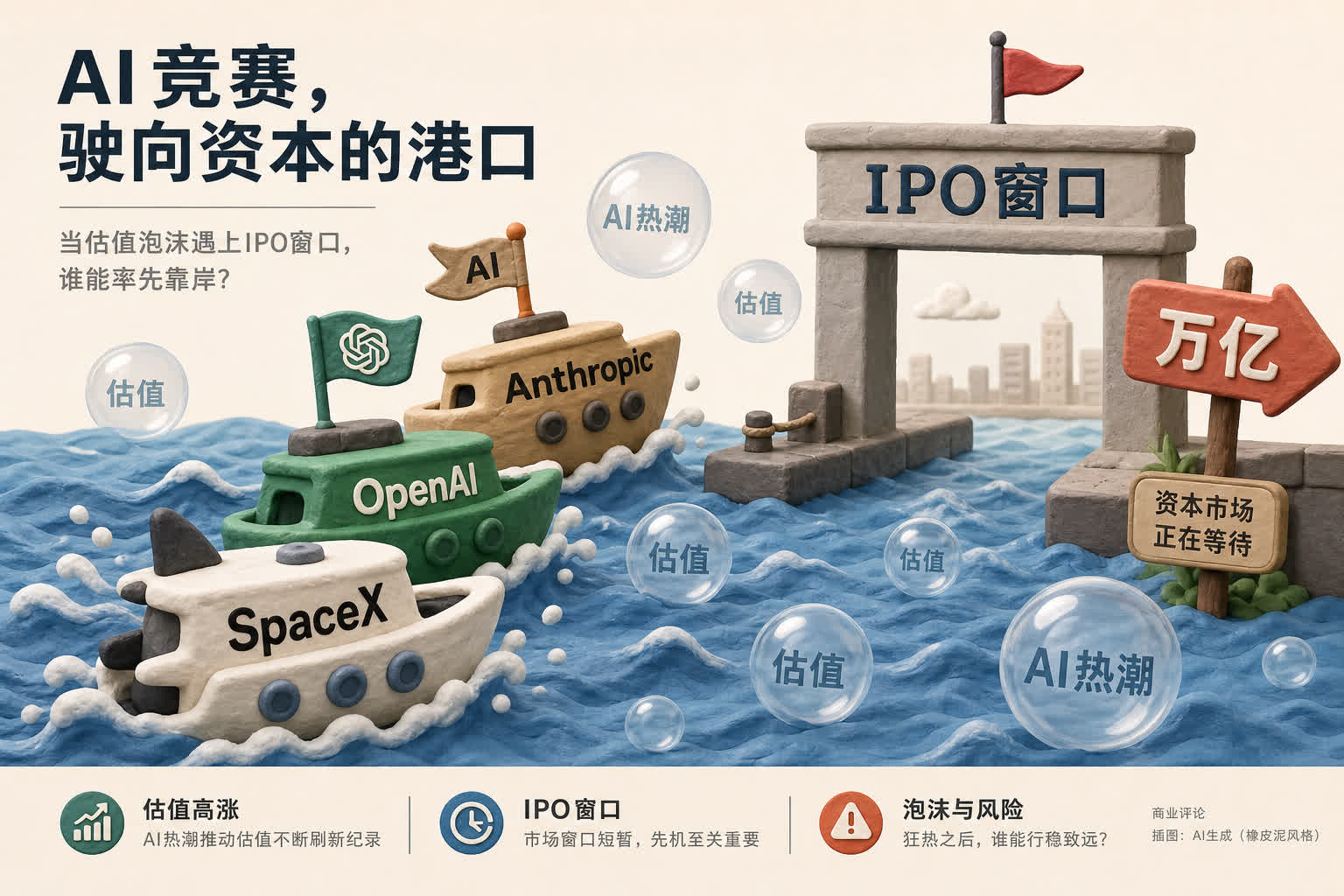 三艘标着Anthropic、OpenAI、SpaceX的橡皮泥AI飞船挤向写着IPO窗口的港口,海面漂着估值泡沫和万亿路标,浅色背景的商业评论版橡皮泥平面信息图的统一风格。