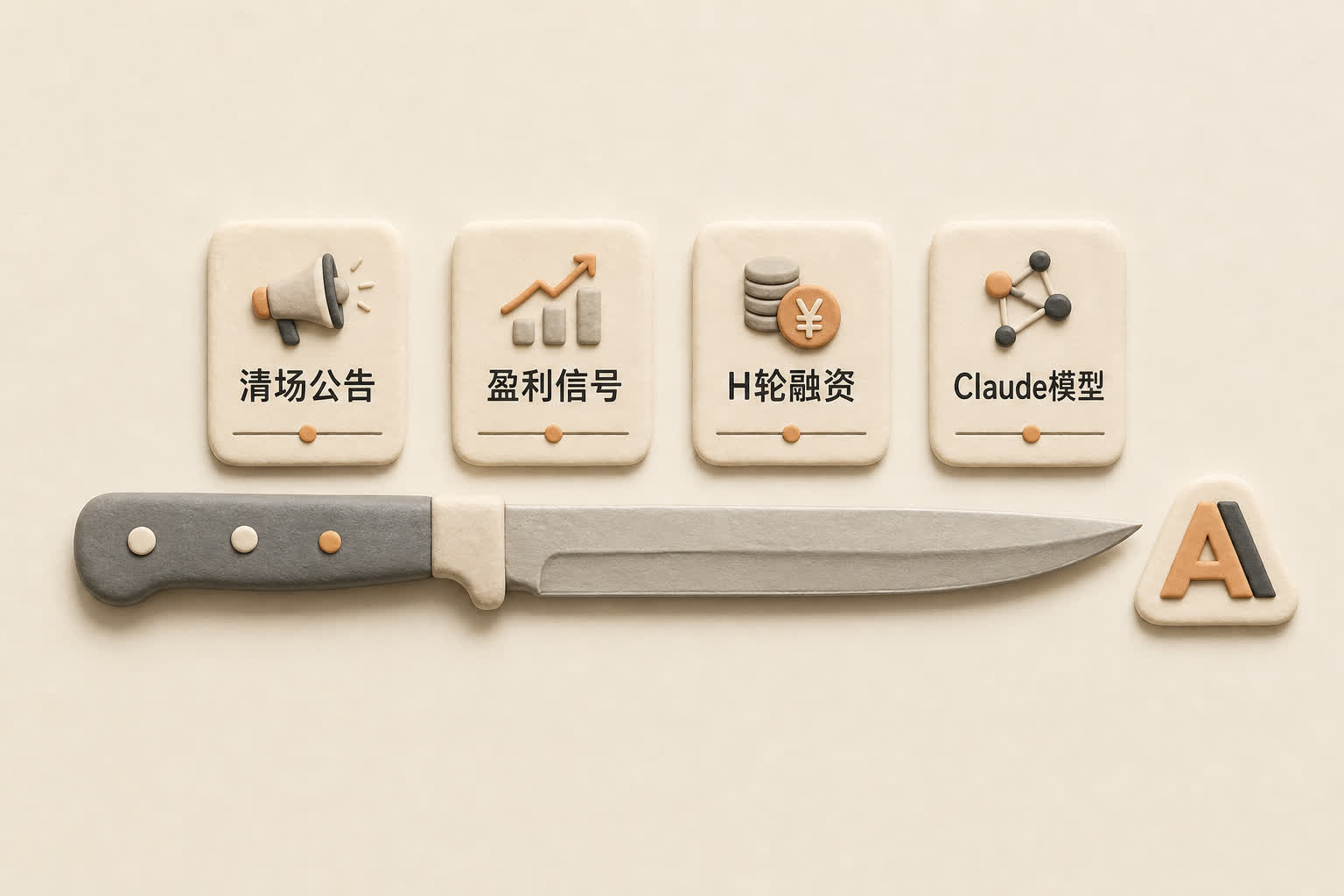 一把细长刀刃上排列四张时间卡片,分别写着清场公告、盈利信号、H轮融资、Claude模型,小型Anthropic标志在刀尖上保持平衡,浅色背景的商业评论版橡皮泥平面信息图的统一风格。