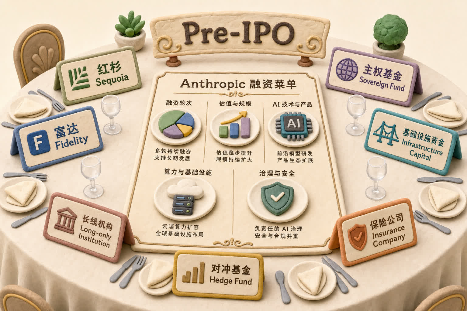 一张上市前宴会圆桌上摆着Pre-IPO座位表,红杉、富达、主权基金、基础设施资金等橡皮泥名牌依次落座,中间是Anthropic融资菜单,浅色背景的商业评论版橡皮泥平面信息图的统一风格。