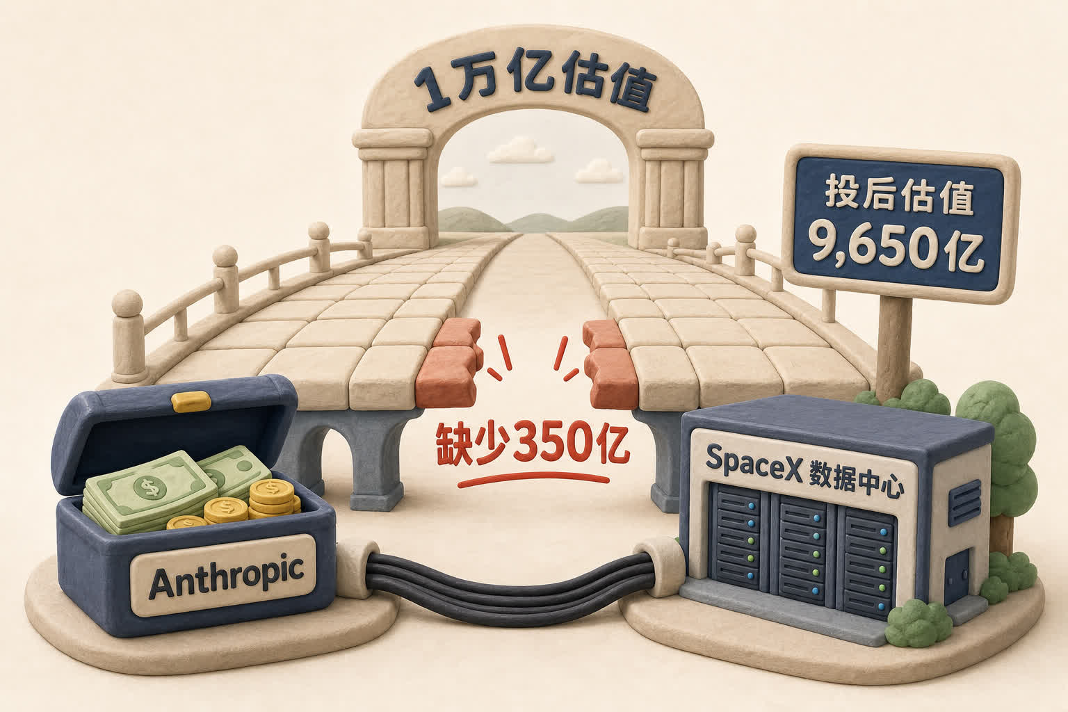 一座通往1万亿估值拱门的桥缺少350亿一段,桥下连接着Anthropic现金箱和SpaceX数据中心电缆,旁边有投后估值9,650亿路牌,浅色背景的商业评论版橡皮泥平面信息图的统一风格。