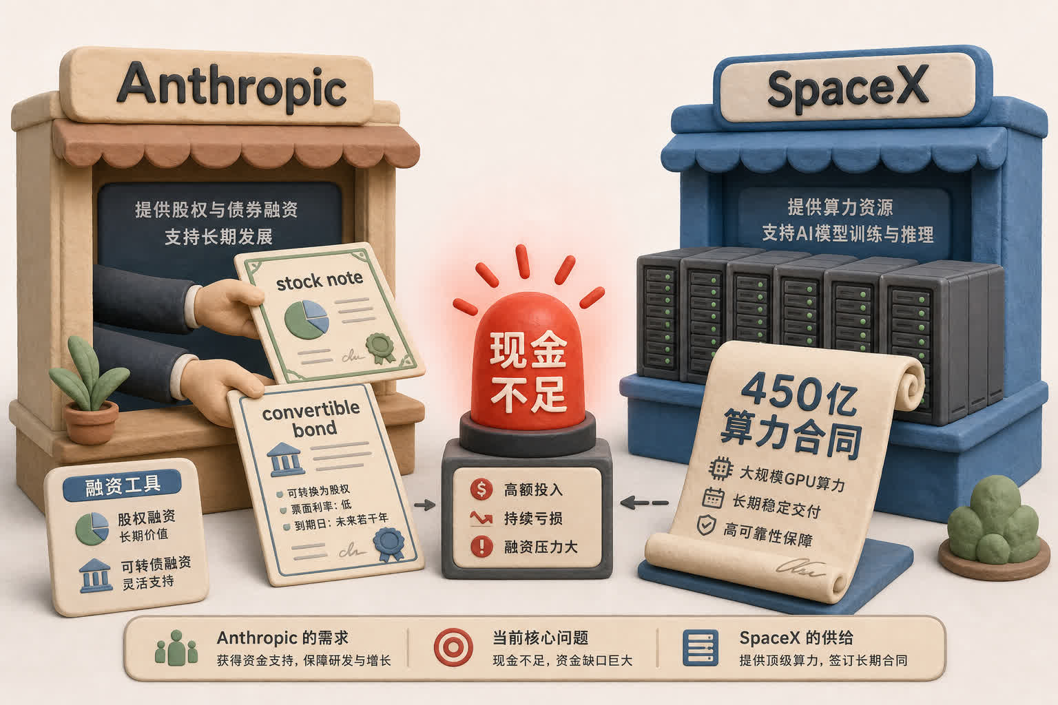 Anthropic一侧递出股票票据和可转债文件,SpaceX一侧是成排GPU机柜和写着450亿算力合同的卷轴,中间有现金不足的红色提示灯,浅色背景的商业评论版橡皮泥平面信息图的统一风格。