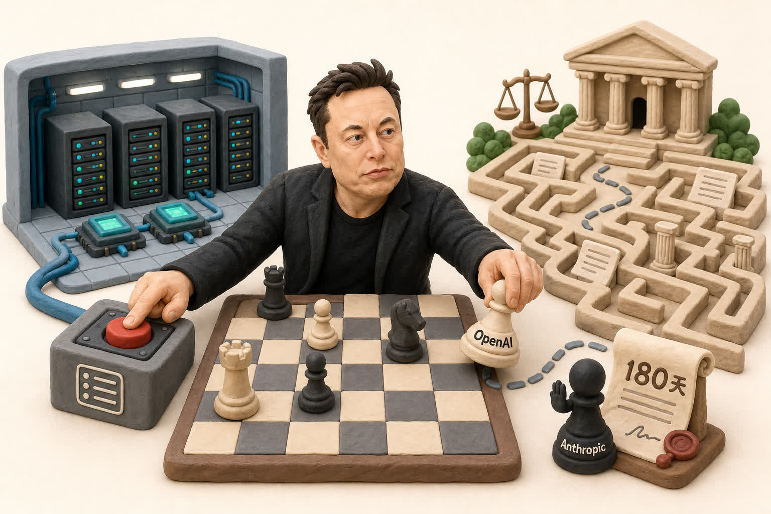 马斯克形象的橡皮泥棋手一手按住算力机房开关,一手把OpenAI棋子拖进诉讼迷宫,Anthropic棋子停在写着180天的合同旁,浅色背景的商业评论版橡皮泥平面信息图的统一风格。