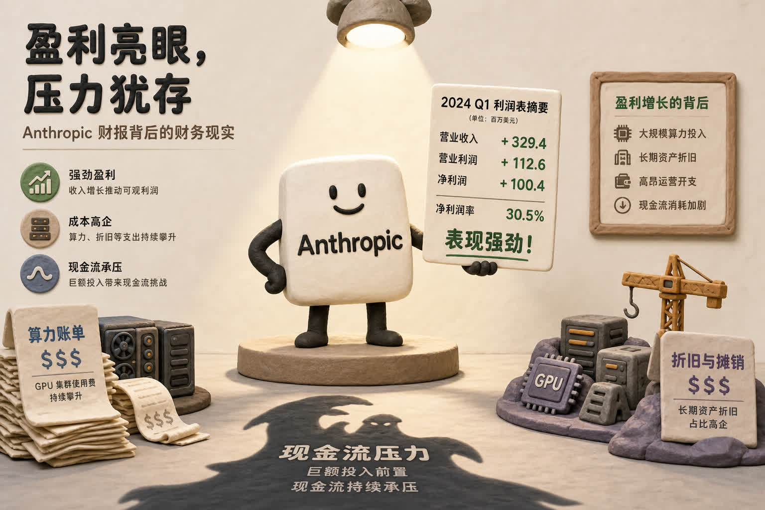 一个财务定妆照摄影棚里,Anthropic站在聚光灯下举着正数利润表,镜头外堆着算力账单、折旧资产和现金流阴影,浅色背景的商业评论版橡皮泥平面信息图的统一风格。