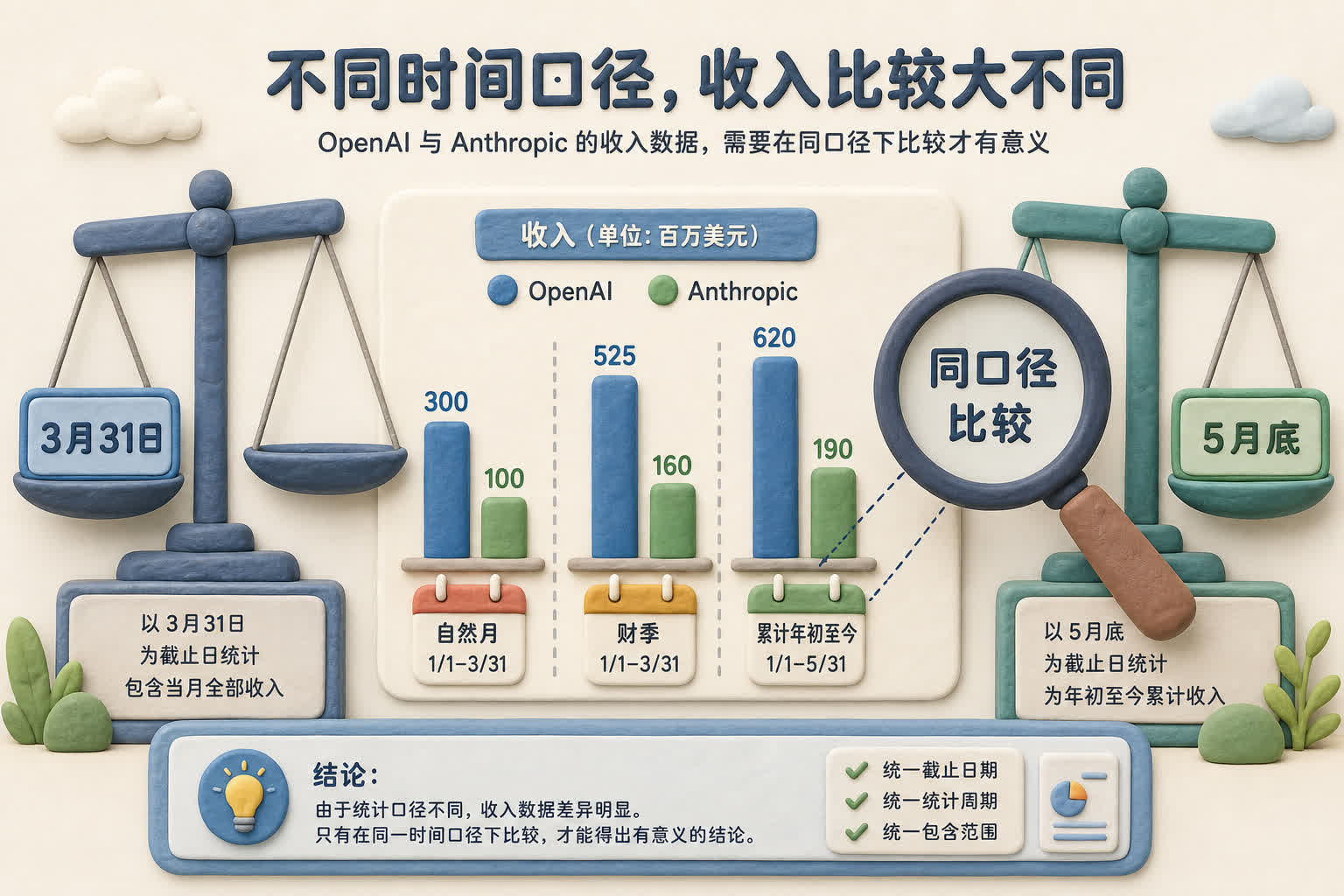 两只数据天平分别标着3月31日和5月底,OpenAI与Anthropic收入柱状图被不同日历隔开,旁边放着同口径比较的放大镜,浅色背景的商业评论版橡皮泥平面信息图的统一风格。
