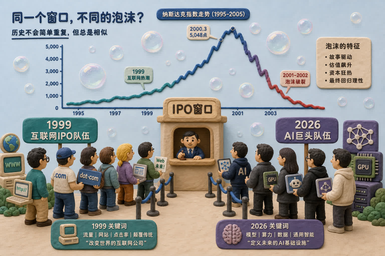 1999互联网IPO队伍和2026 AI巨头队伍在同一扇IPO窗口前排队,背景是一条先冲高后下坠的纳斯达克曲线和漂浮泡沫,浅色背景的商业评论版橡皮泥平面信息图的统一风格。