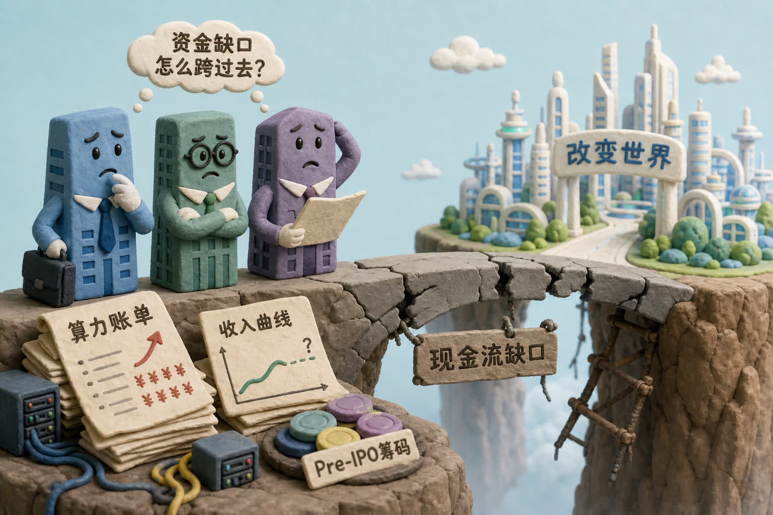 三家AI公司站在现金流断桥前,桥对岸是写着改变世界的未来城市,脚下堆着算力账单、收入曲线和Pre-IPO筹码,浅色背景的商业评论版橡皮泥平面信息图的统一风格。