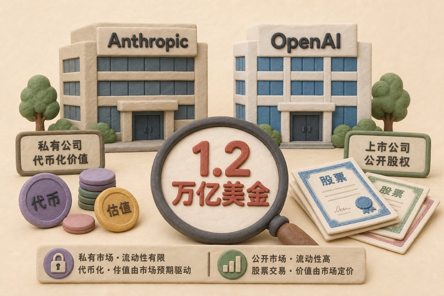Anthropic 与 OpenAI 两座橡皮泥公司大楼并排,前景是放大镜查看“1.2 万亿美金”标题,旁边有小型代币和股票证书形成对比,浅色背景的商业评论版橡皮泥平面信息图的统一风格。