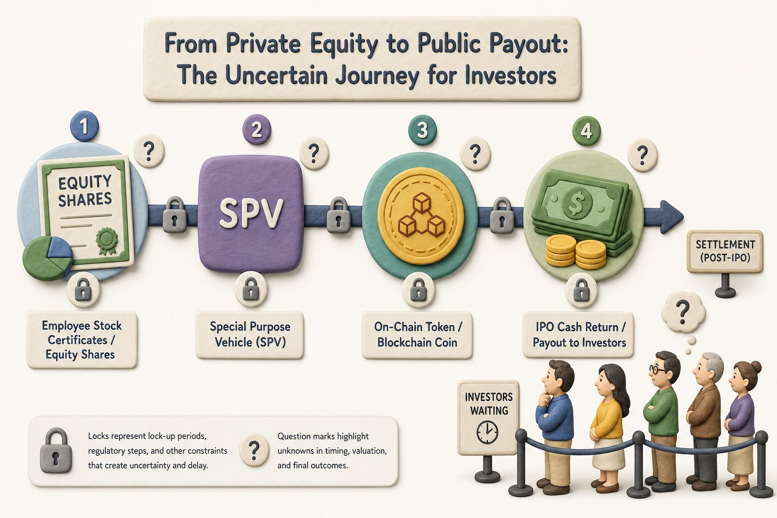 一条从员工股票到 SPV 盒子、再到链上代币、最后到 IPO 现金回款的流程线,中间每个节点都有锁头和问号标记,投资人小人等待结算,浅色背景的商业评论版橡皮泥平面信息图的统一风格。