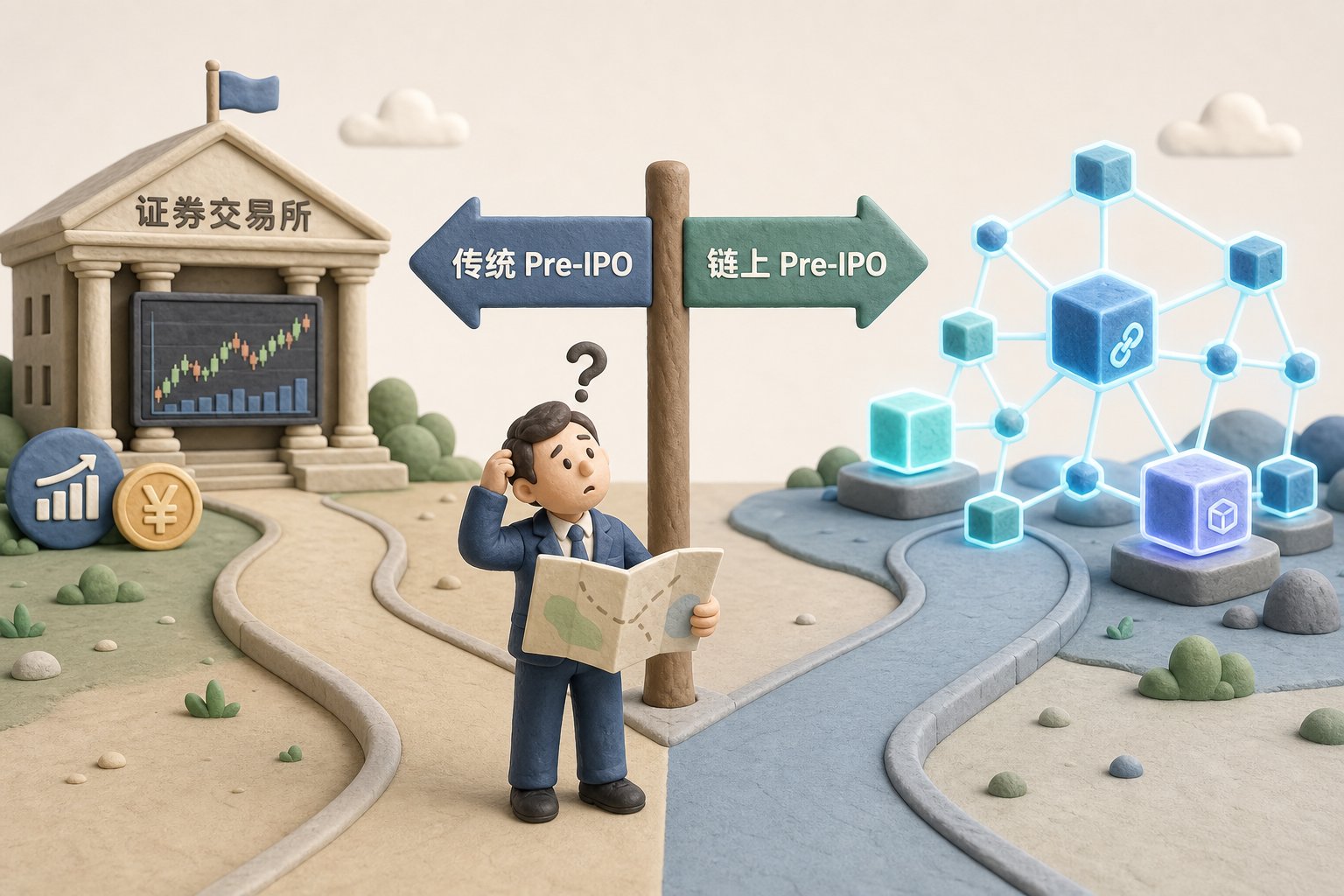 一条分叉路标分别写着“传统 Pre-IPO”和“链上 Pre-IPO”,投资人小人站在路口拿着地图困惑对比,两条路分别通向证券交易所和区块链节点,浅色背景的商业评论版橡皮泥平面信息图的统一风格。