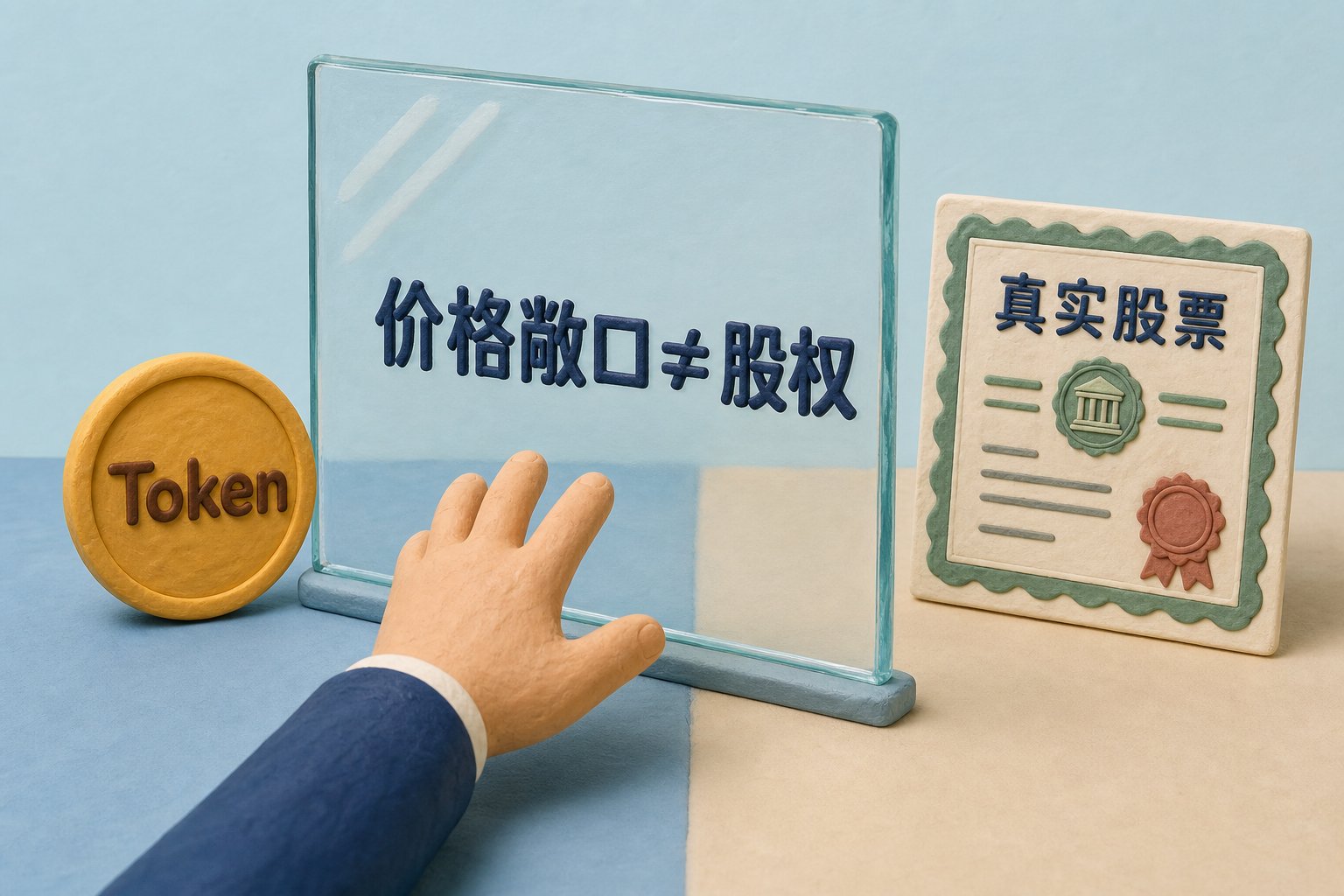 一枚写着“Token”的橡皮泥圆币与一张写着“真实股票”的证书隔着透明玻璃相望,中间标注“价格敞口≠股权”,投资人伸手却只能碰到代币,浅色背景的商业评论版橡皮泥平面信息图的统一风格。