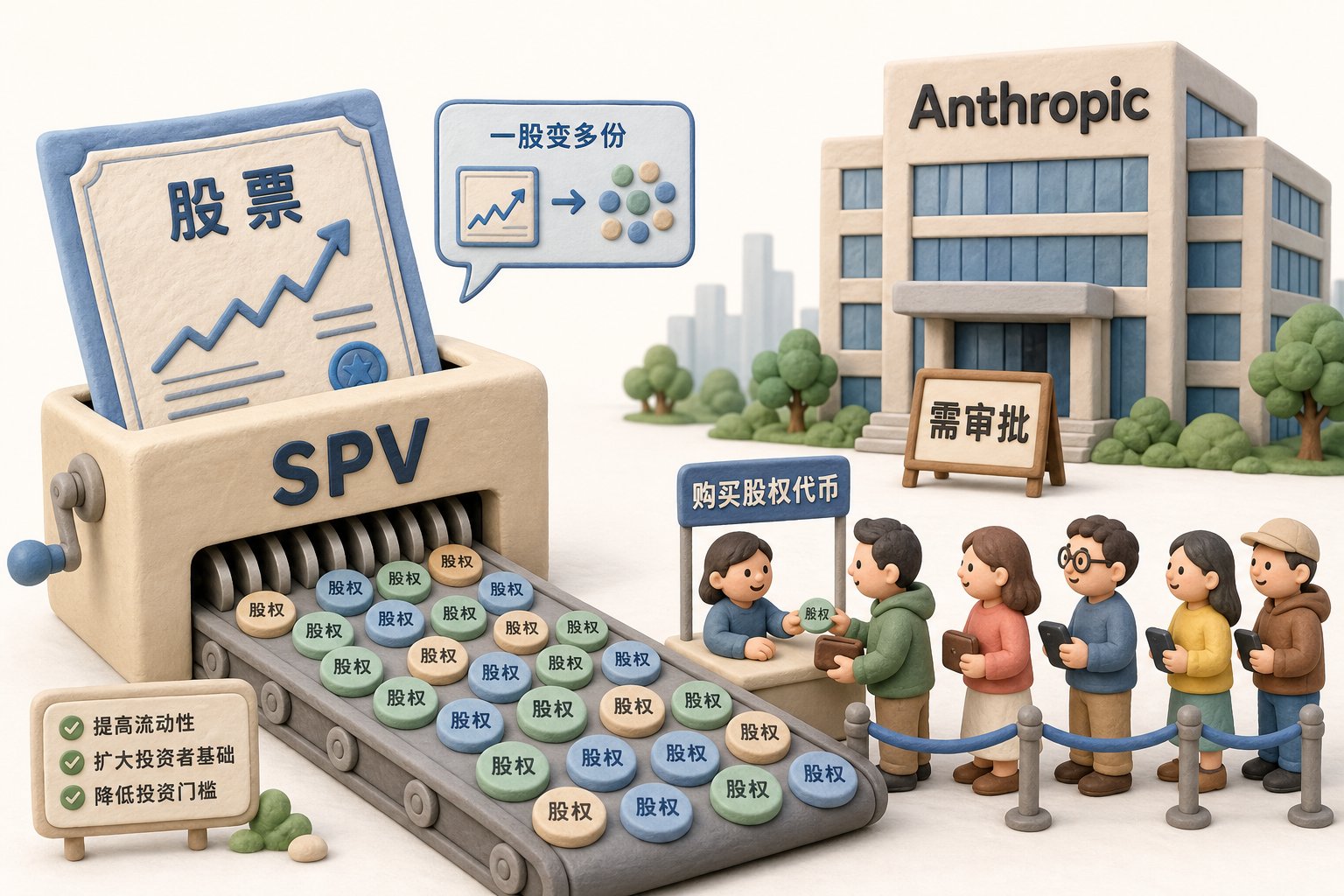 一个写着“SPV”的橡皮泥盒子把大股票切成许多小代币,链条另一端的散户小人排队购买,远处 Anthropic 大楼门口竖着“需审批”标牌,浅色背景的商业评论版橡皮泥平面信息图的统一风格。