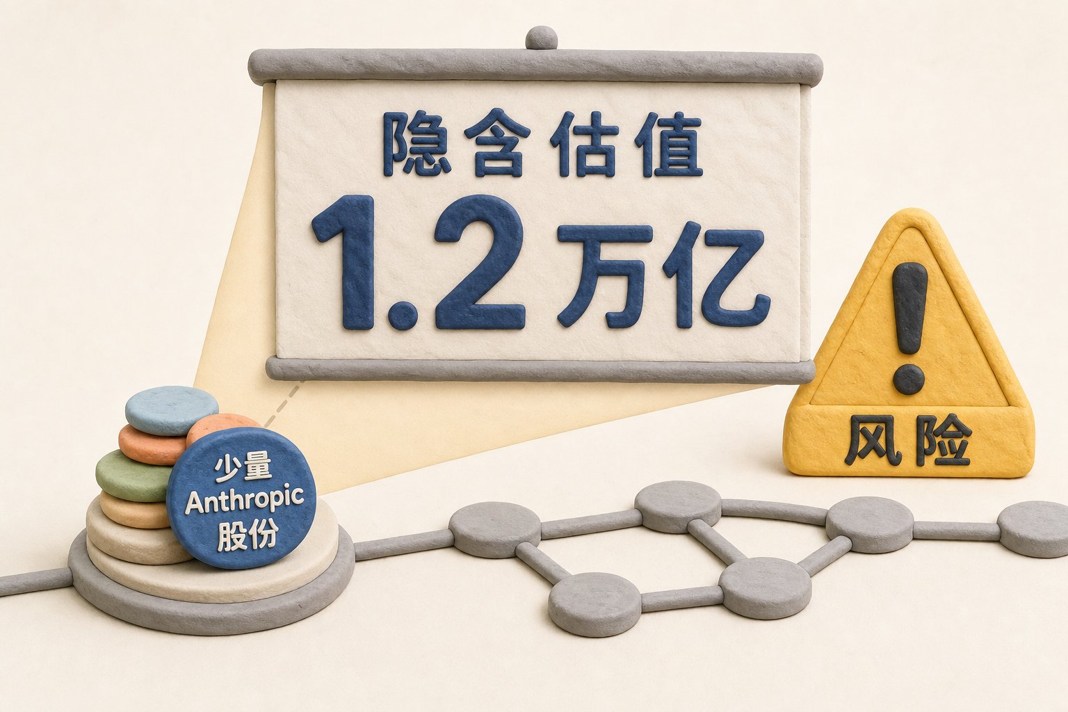 一小撮写着“少量 Anthropic 股份”的橡皮泥筹码被放到区块链轨道上,投影屏把它放大成“隐含估值 1.2 万亿”,旁边有警示三角提示风险,浅色背景的商业评论版橡皮泥平面信息图的统一风格。