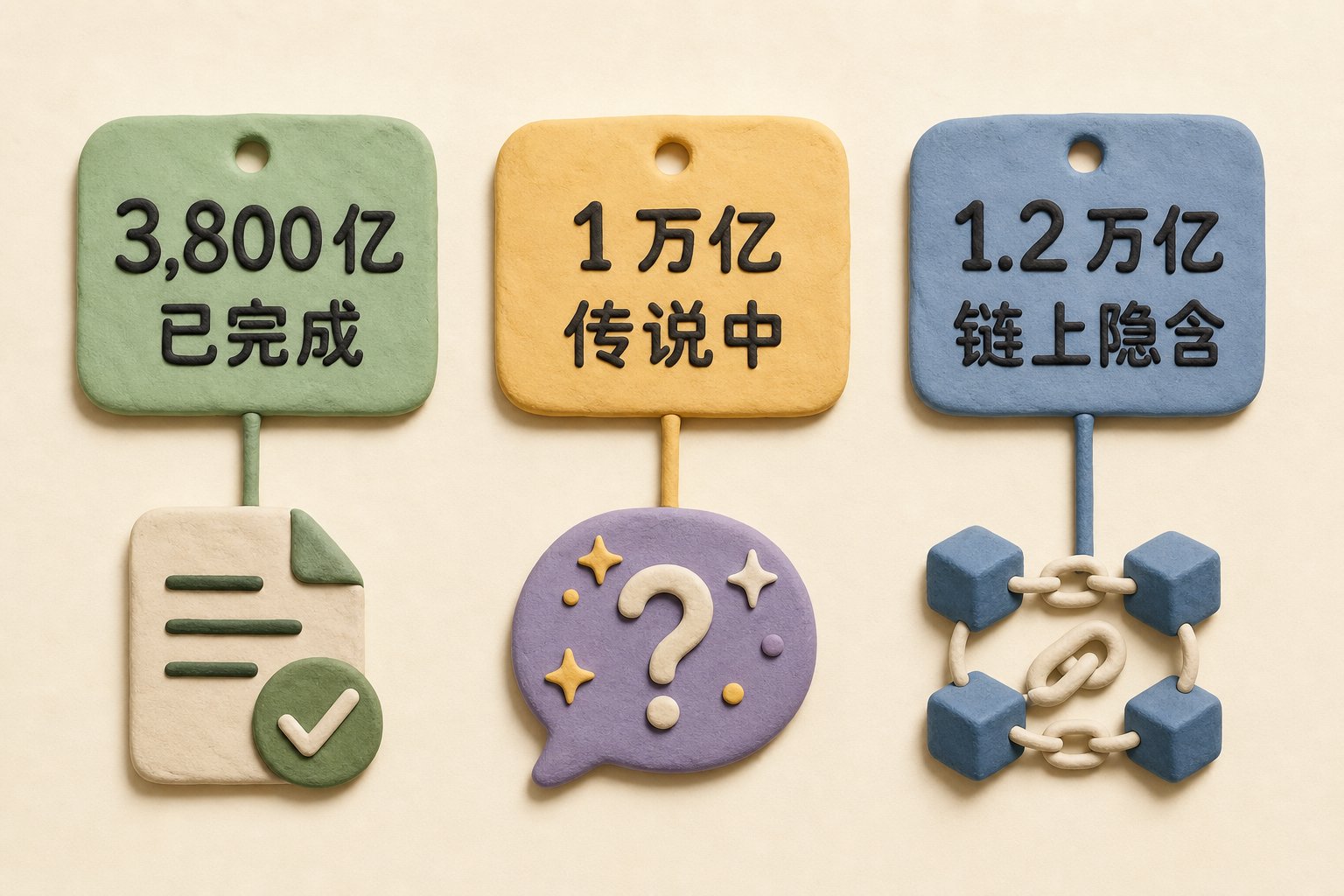 三个橡皮泥价签从左到右排列,分别写着“3,800 亿已完成”“1 万亿传说中”“1.2 万亿链上隐含”,每个价签下方连接不同来源图标,浅色背景的商业评论版橡皮泥平面信息图的统一风格。