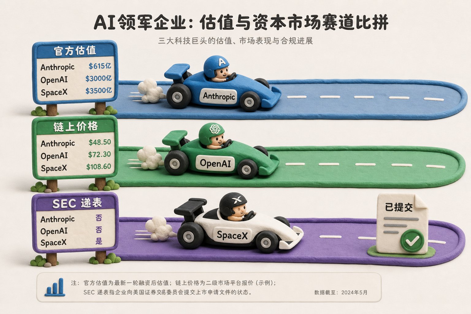 Anthropic、OpenAI、SpaceX 三辆橡皮泥赛车在不同赛道前进,赛道旁分别竖着“官方估值”“链上价格”“SEC 递表”三块计分牌,SpaceX 车前方有已提交文件图标,浅色背景的商业评论版橡皮泥平面信息图的统一风格。