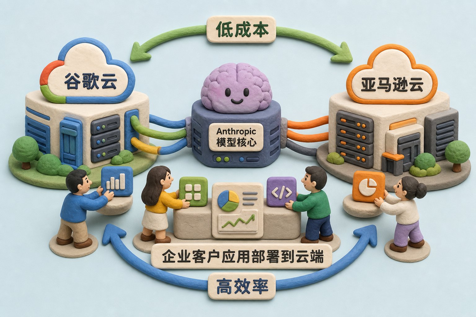 Anthropic 模型核心连接谷歌云和亚马逊云两座橡皮泥数据中心,企业客户小人把应用部署到云端,箭头标出“低成本”和“高效率”循环,浅色背景的商业评论版橡皮泥平面信息图的统一风格。