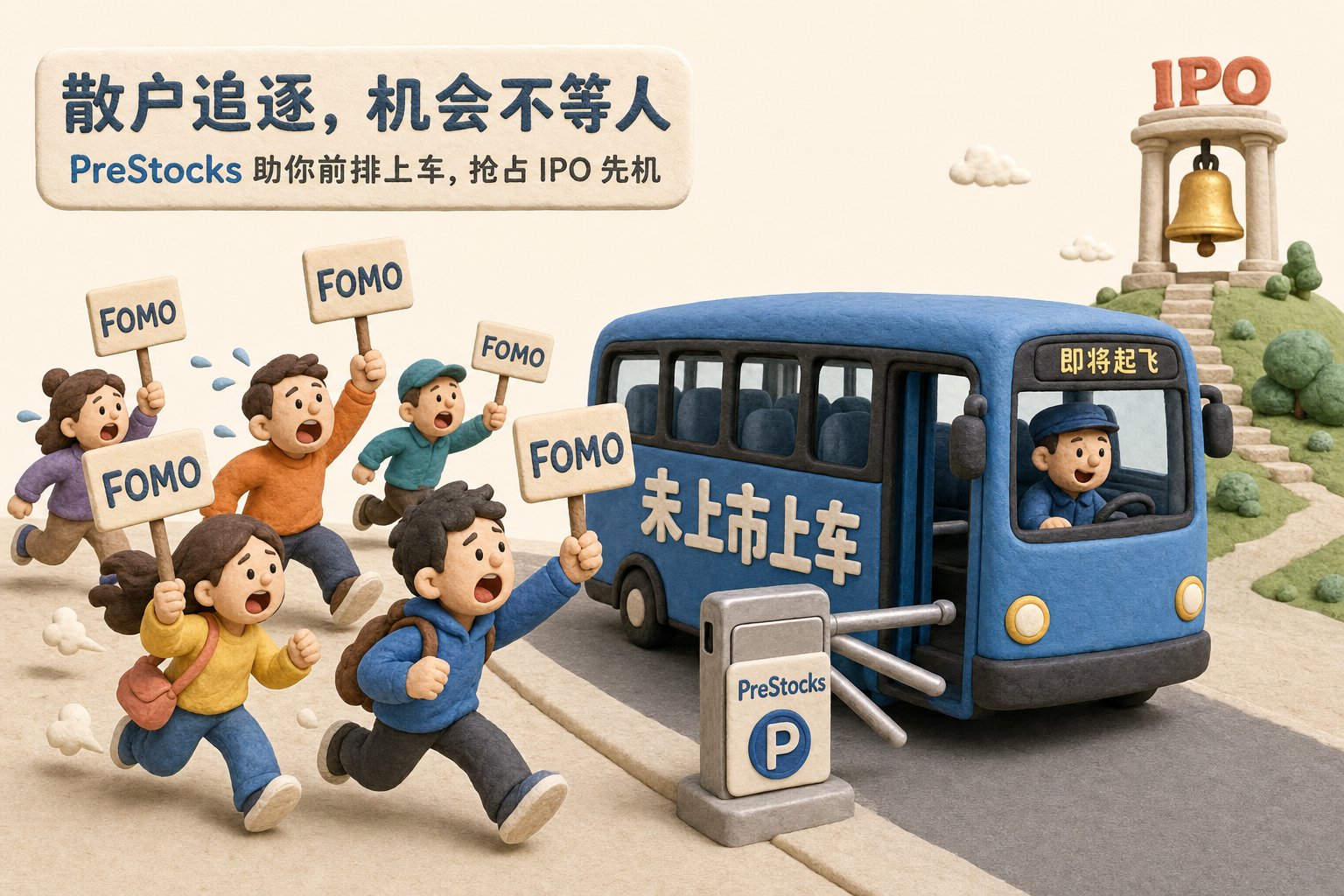 一群散户橡皮泥小人举着“FOMO”牌子追赶一辆写着“未上市上车”的巴士,巴士入口是 PreStocks 代币闸机,远处 IPO 钟声尚未敲响,浅色背景的商业评论版橡皮泥平面信息图的统一风格。