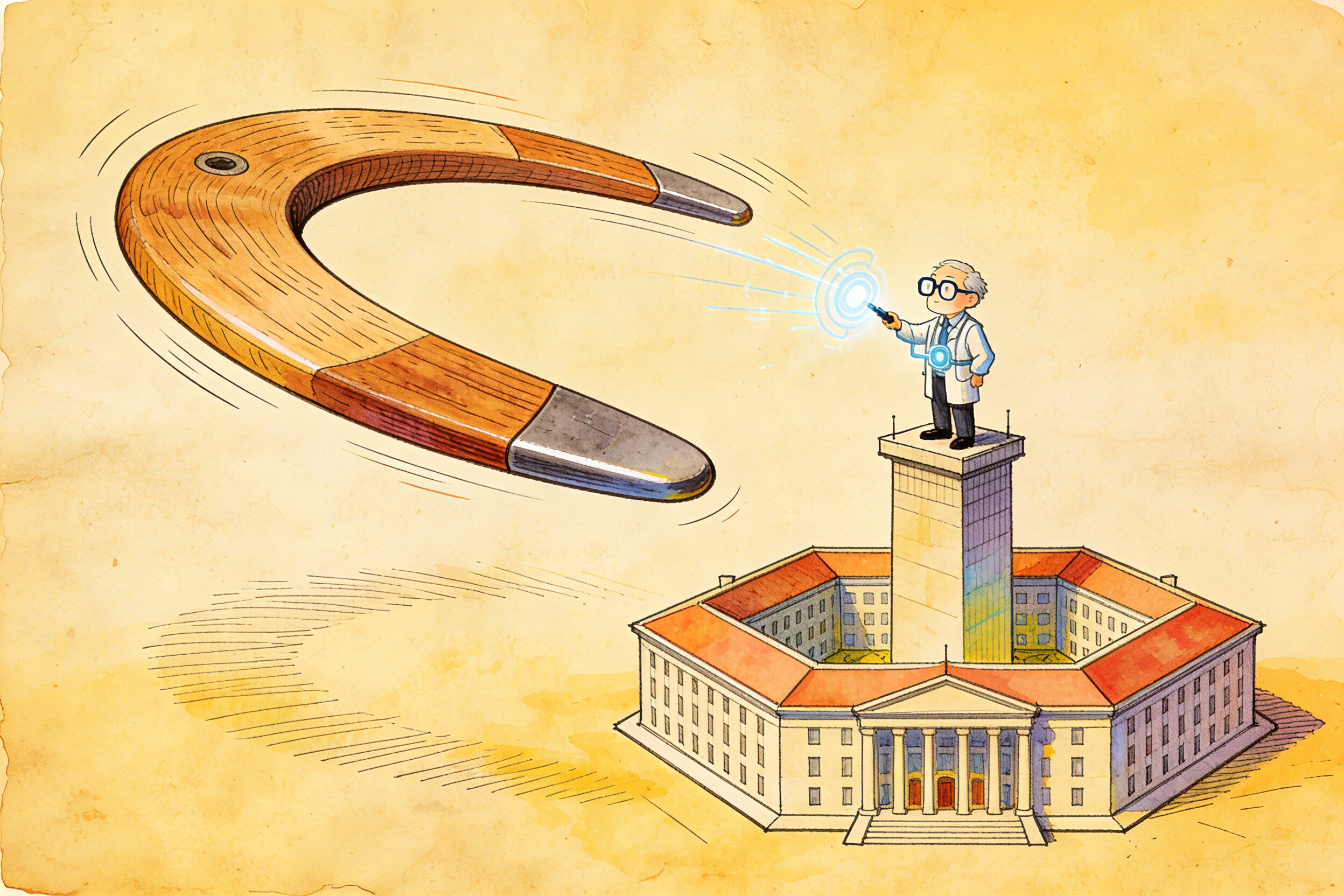 一个巨大的木制回旋镖飞向一个站在高台上戴着眼镜的科技学者,高台下是五角大楼形状的建筑,羊皮纸,钢笔彩色手绘的统一风格。