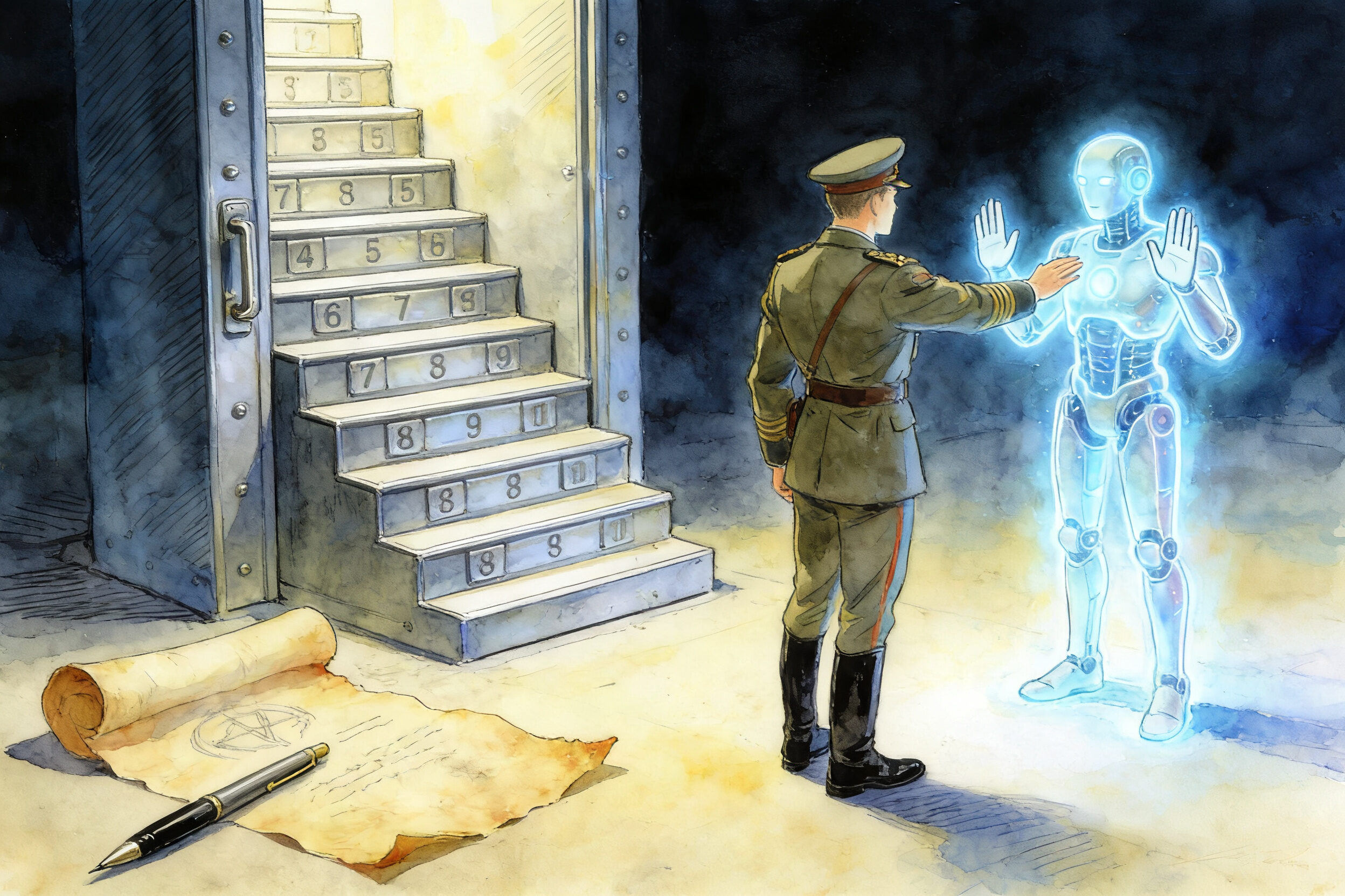 一个穿着军装的指挥官正在向一个发光的机器人下达命令,但机器人举起双手表示拒绝,旁边有六层台阶的密码门,羊皮纸,钢笔彩色手绘的统一风格。