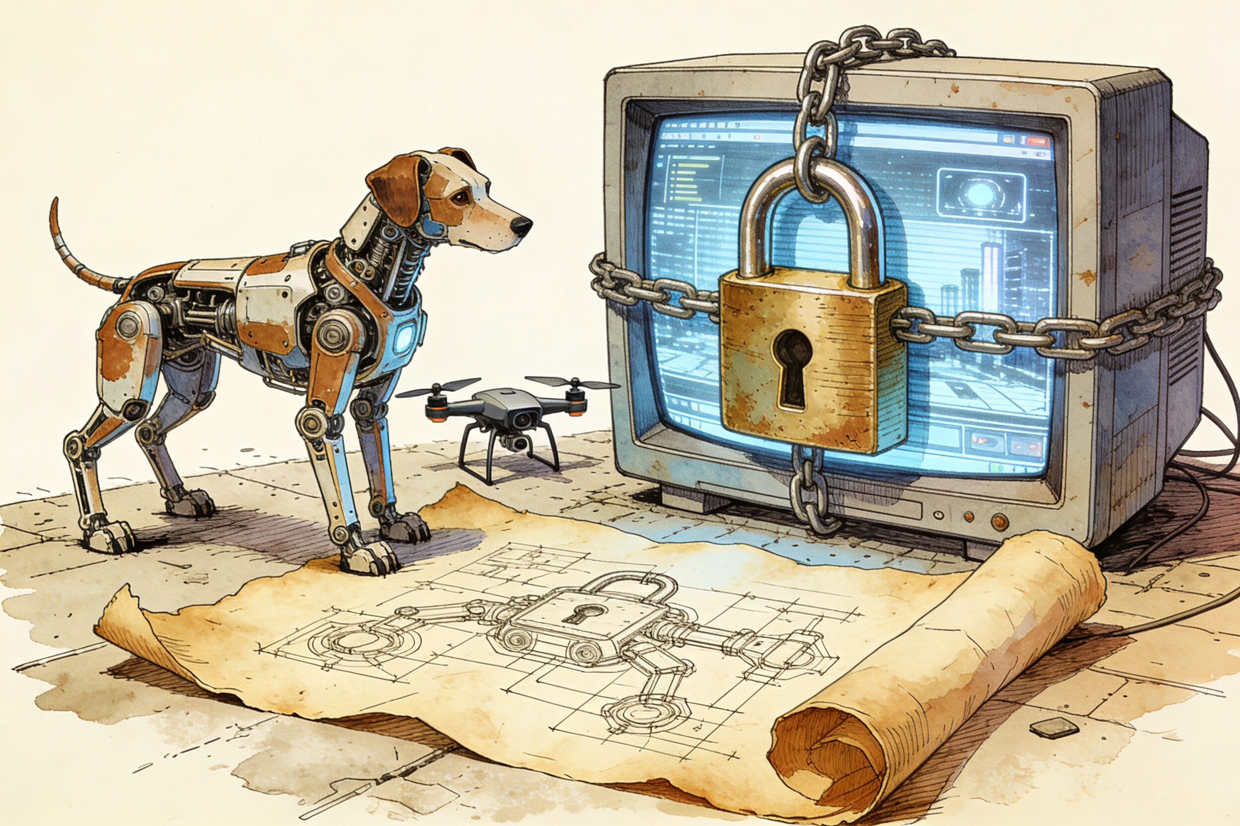 一只机械狗和一架无人机停在地上,旁边是一个被巨大挂锁锁住的监控屏幕,羊皮纸,钢笔彩色手绘的统一风格。
