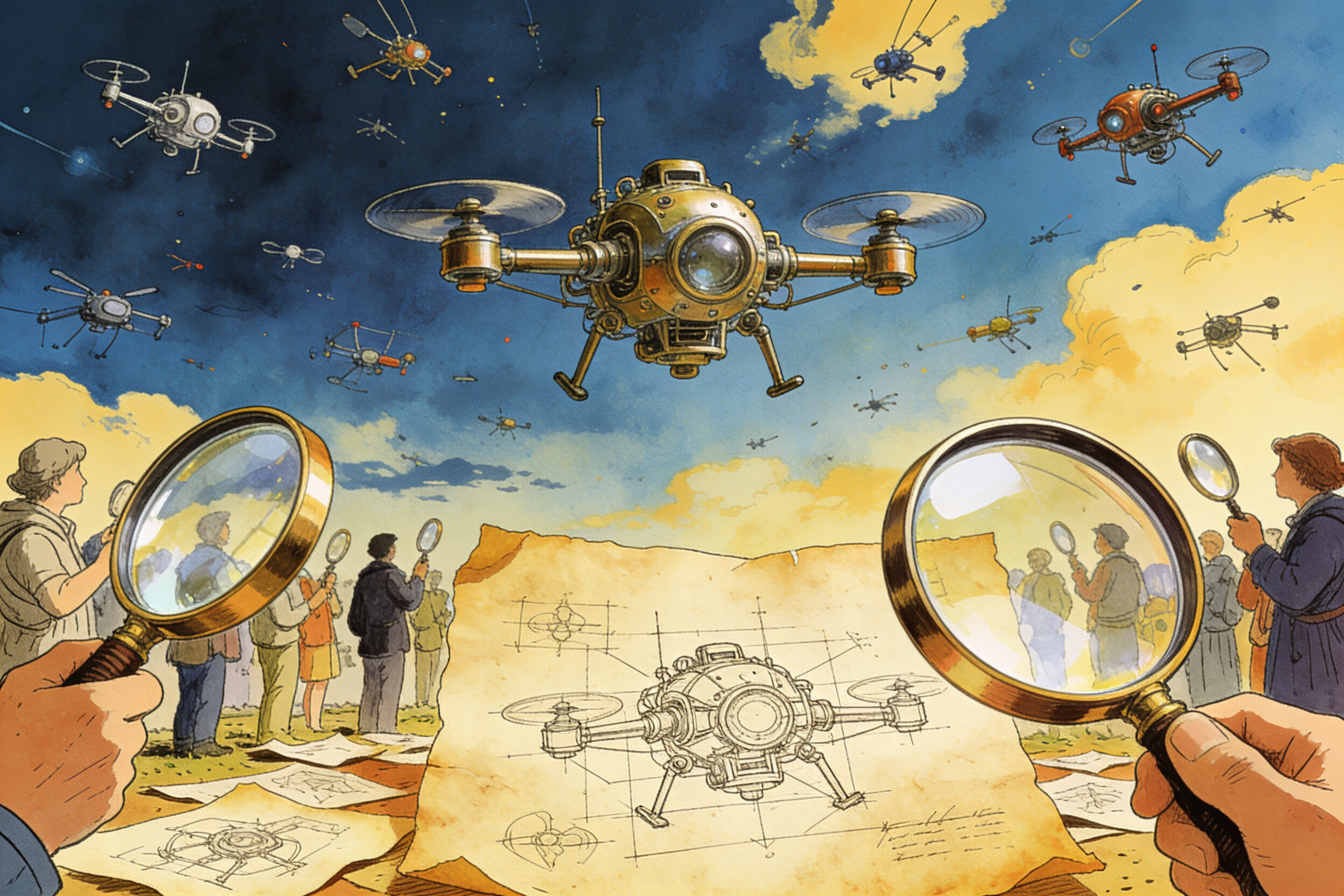 天空中飞舞着各种小型机械无人机,下方是一群人拿着巨大的放大镜在仔细观察,羊皮纸,钢笔彩色手绘的统一风格。