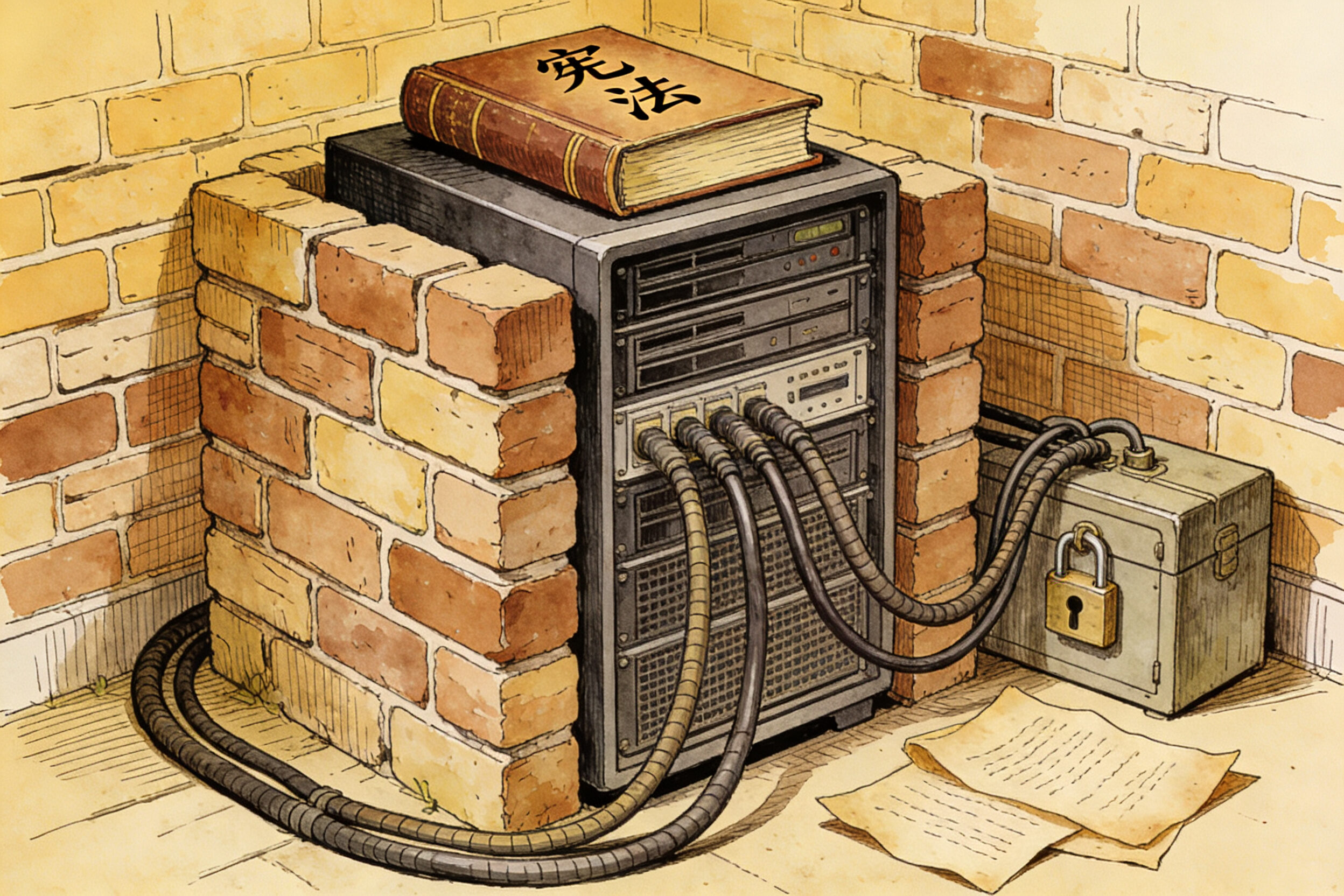 一台被厚重砖墙隔离的巨型服务器,上面放着一本写着“宪法”的厚重书籍,几条粗大的电缆连接着外部的锁箱,羊皮纸,钢笔彩色手绘的统一风格。