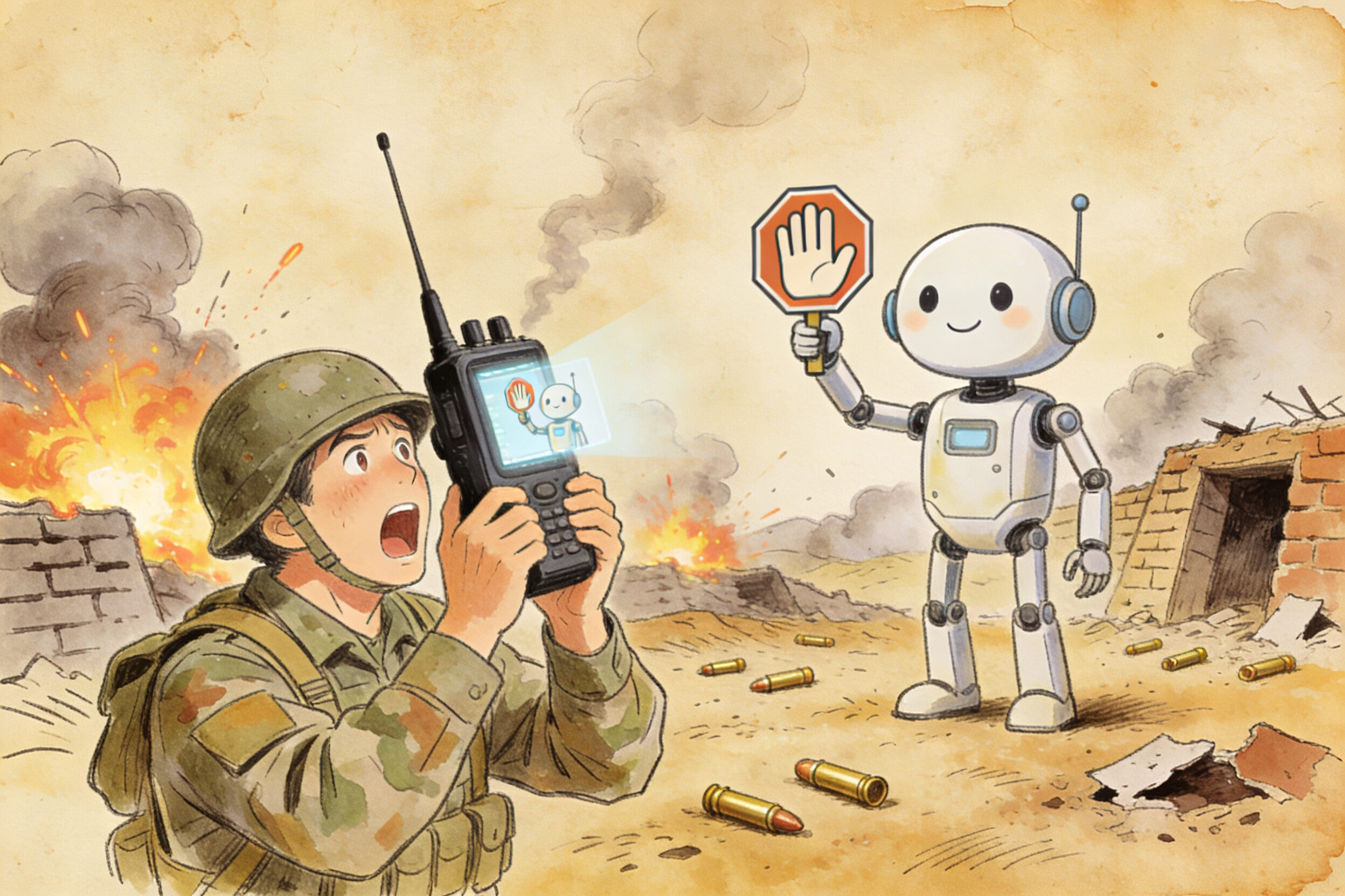 一个士兵正在前线举着对讲机焦急呼叫,但对讲机里弹出一个举着停止手势的友好机器人图标,背景是硝烟弥漫的战场,羊皮纸,钢笔彩色手绘的统一风格。