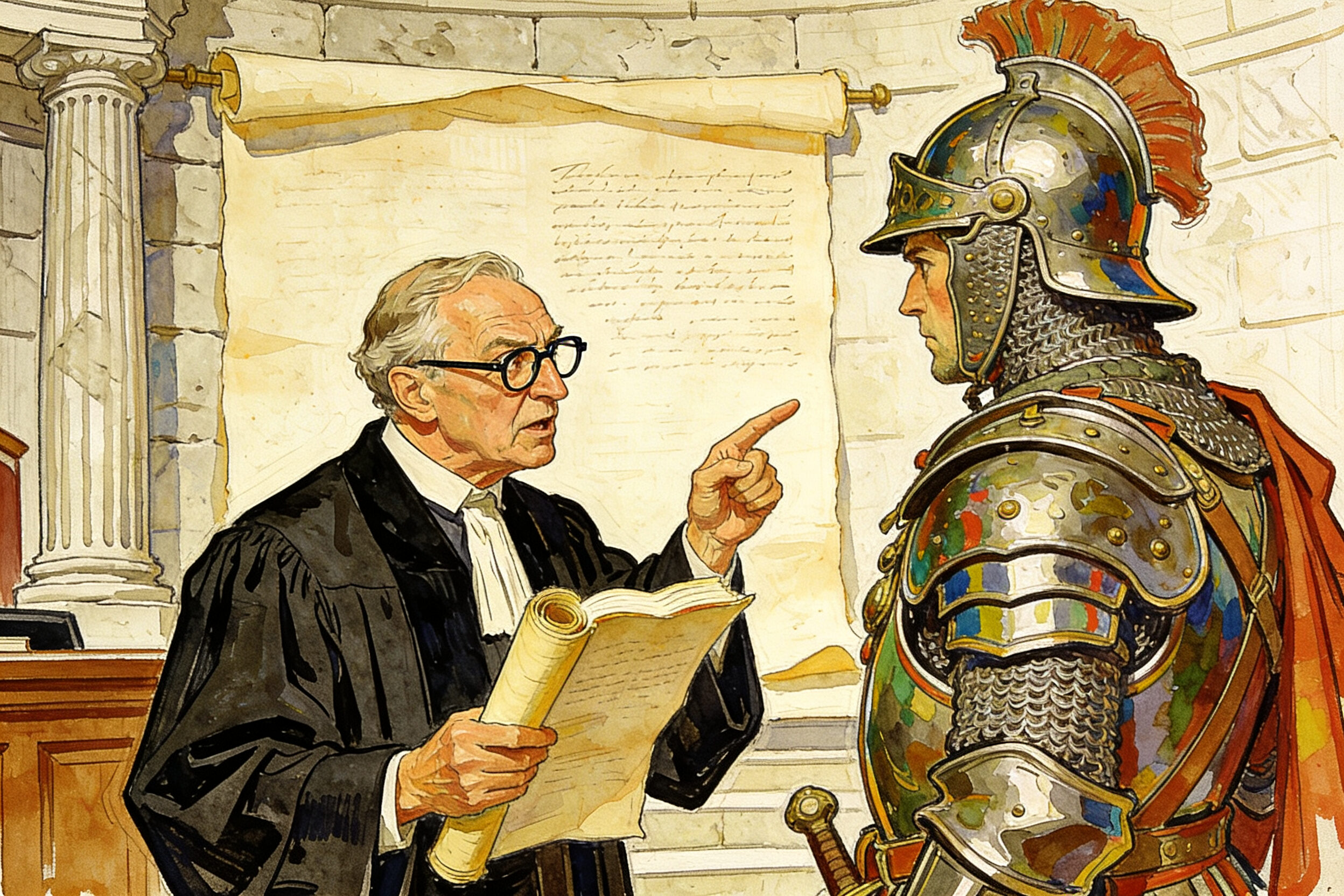 一个戴着眼镜的严厉老师拿着一卷书简,正在对一个全副武装的士兵进行说教,背景是象征规则的法庭石柱,羊皮纸,钢笔彩色手绘的统一风格。