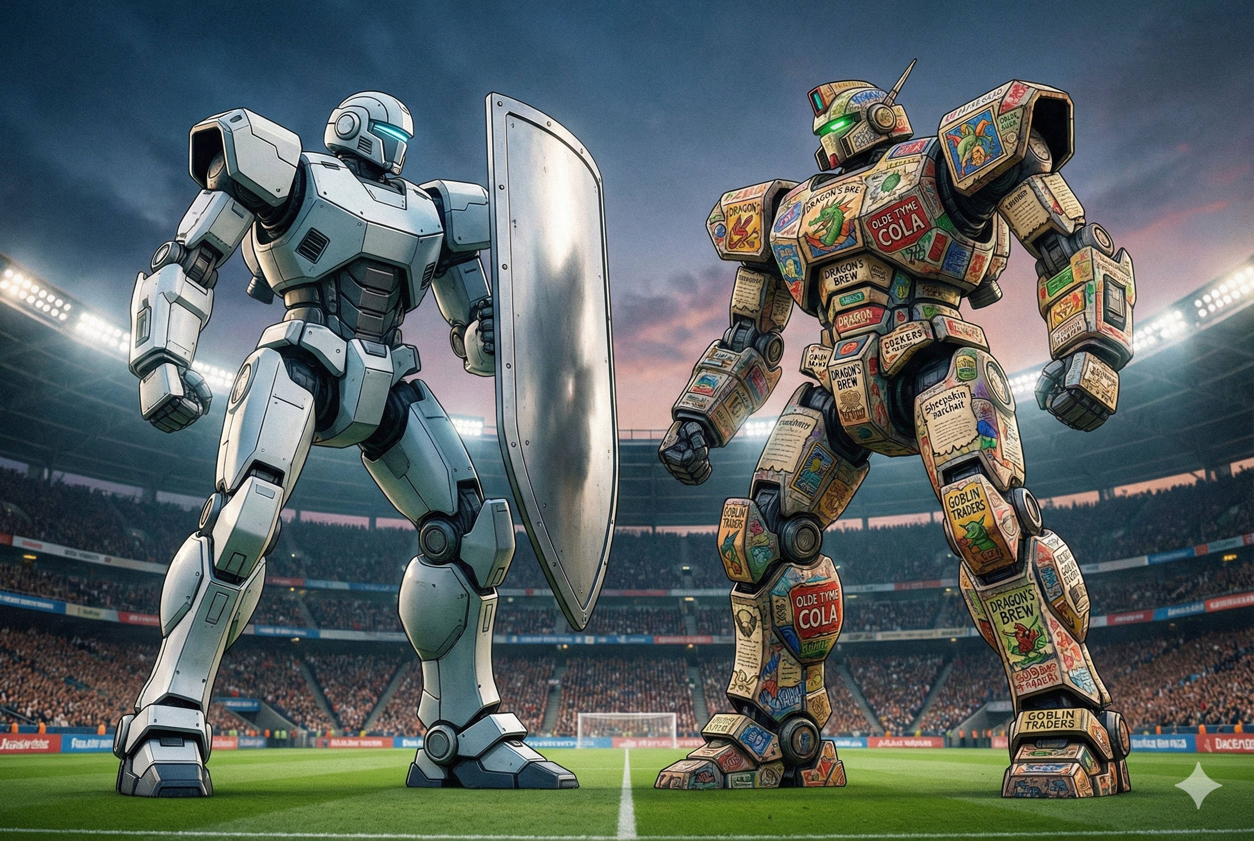 巨大的美式足球场中央，两个巨大的机器人正在对峙，左边的机器人举着没有任何广告的盾牌，右边的机器人身上贴满了花花绿绿的商业贴纸，羊皮纸，钢笔彩色手绘的统一风格。