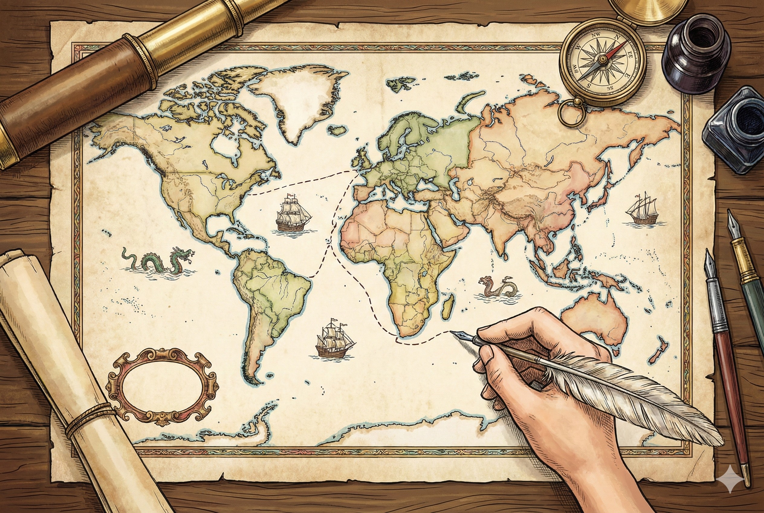 一张复古的世界地图被划分为五个区域，一只手拿着羽毛笔正在标注路线，旁边放着望远镜和指南针，羊皮纸，钢笔彩色手绘的统一风格。