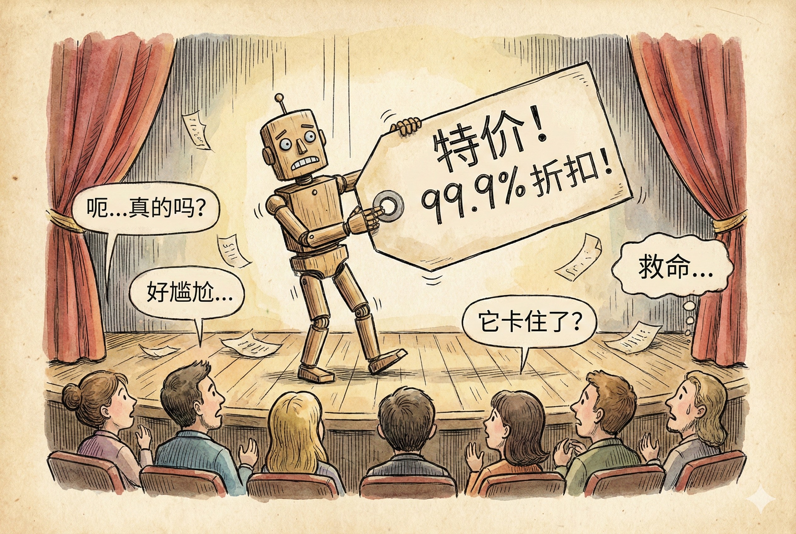 剧院舞台上，一个表情僵硬的木偶机器人正笨拙地向人类观众展示着巨大的特价标签，周围漂浮着尴尬的对话气泡，羊皮纸，钢笔彩色手绘的统一风格。