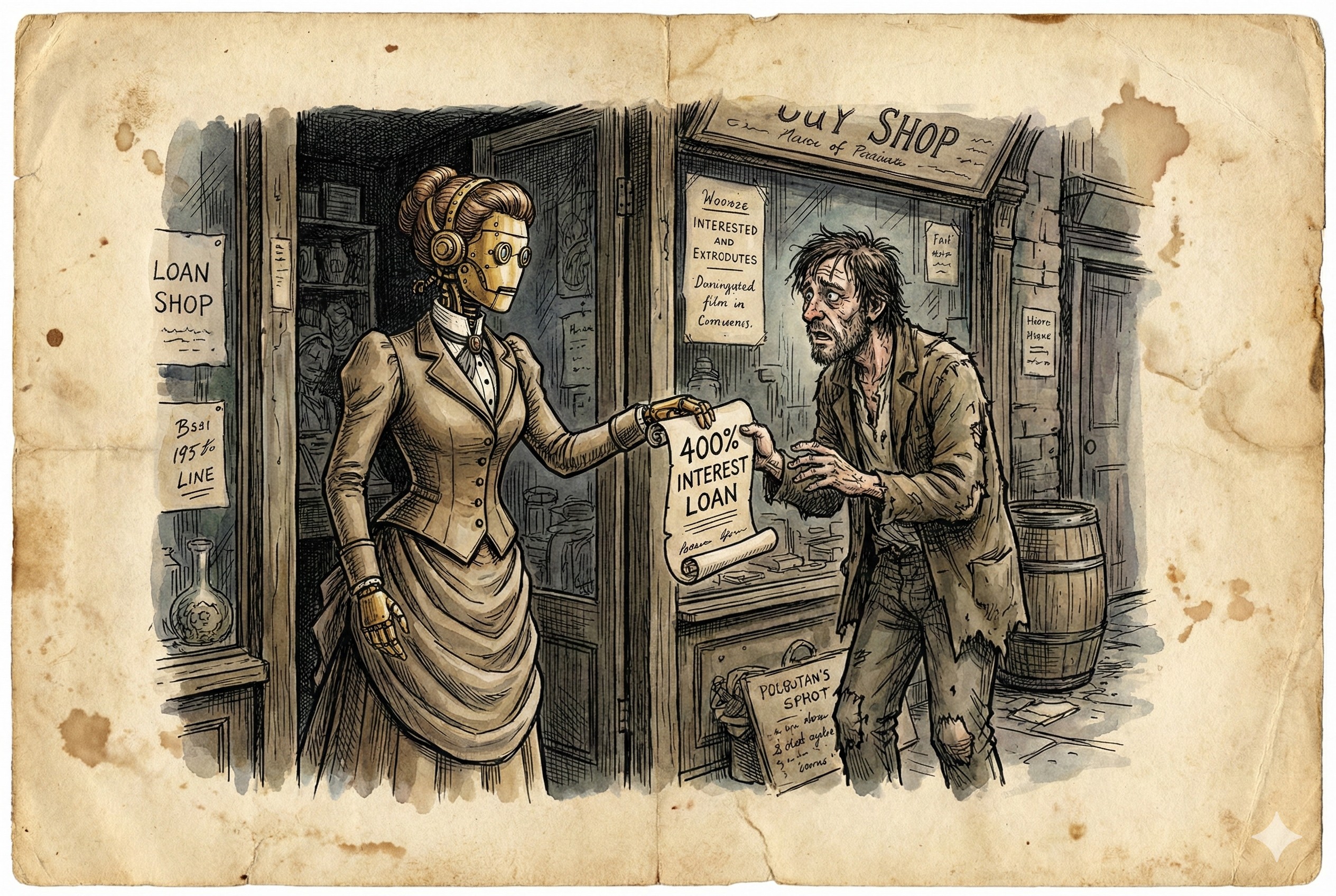 一个穿着精致西装的女性机器人正递给穷困的创业者一张写着400%利息的贷款单，背景是阴暗的街角商店，羊皮纸，钢笔彩色手绘的统一风格。