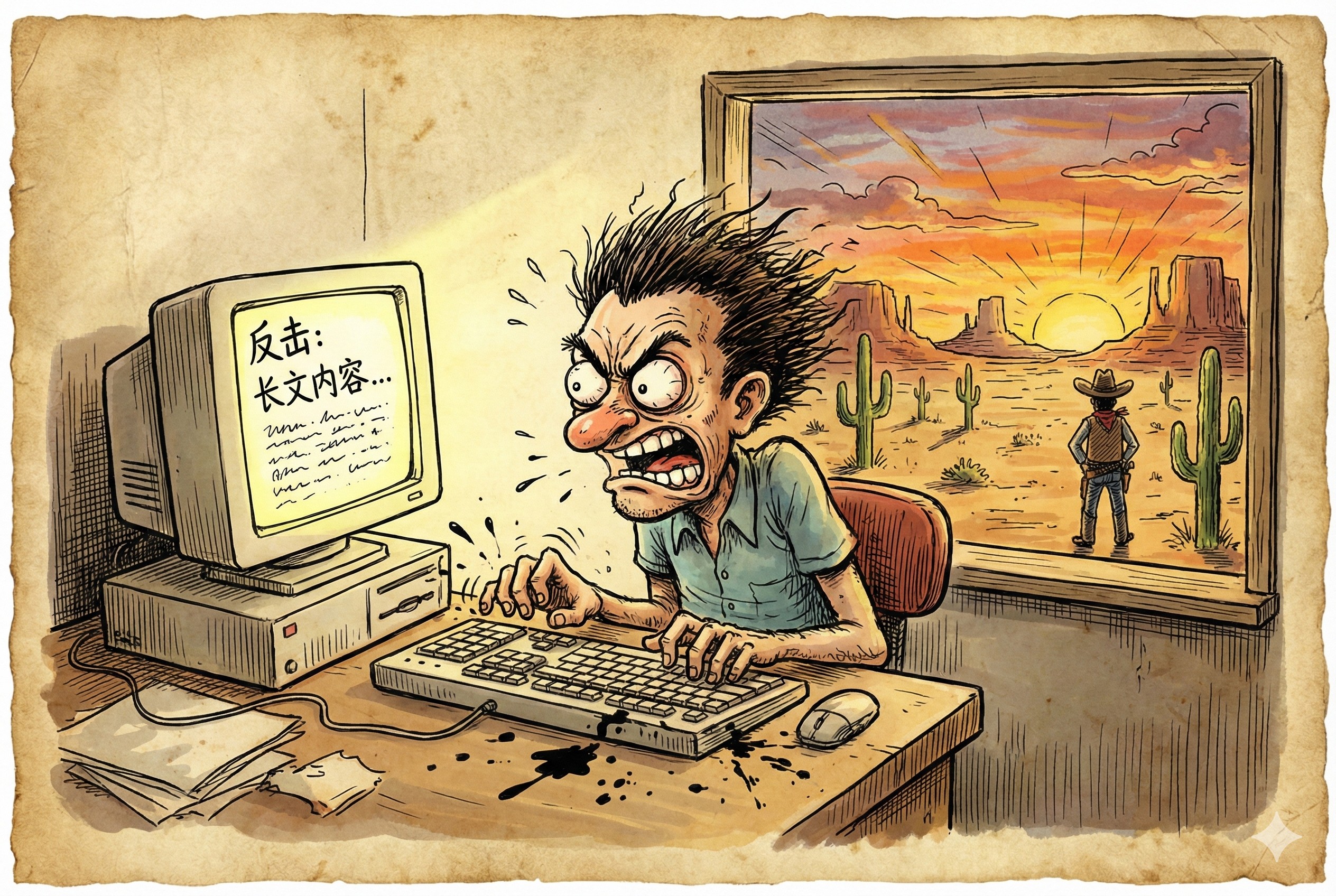 愤怒的卡通人物在办公桌前疯狂敲击键盘，电脑屏幕上显示着反击的长文，窗外是德克萨斯州的荒野，羊皮纸，钢笔彩色手绘的统一风格。
