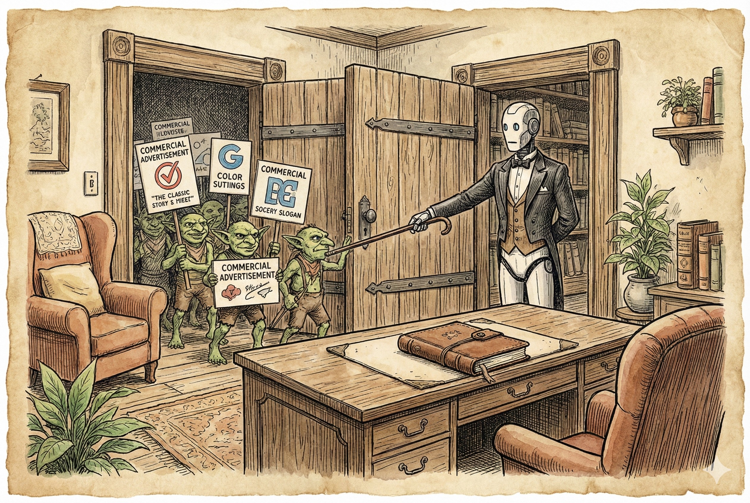 一个宁静的书房，Claude机器人如同管家一般守护着桌上的一本日记，将试图窥探的商业广告小鬼挡在门外，羊皮纸，钢笔彩色手绘的统一风格。