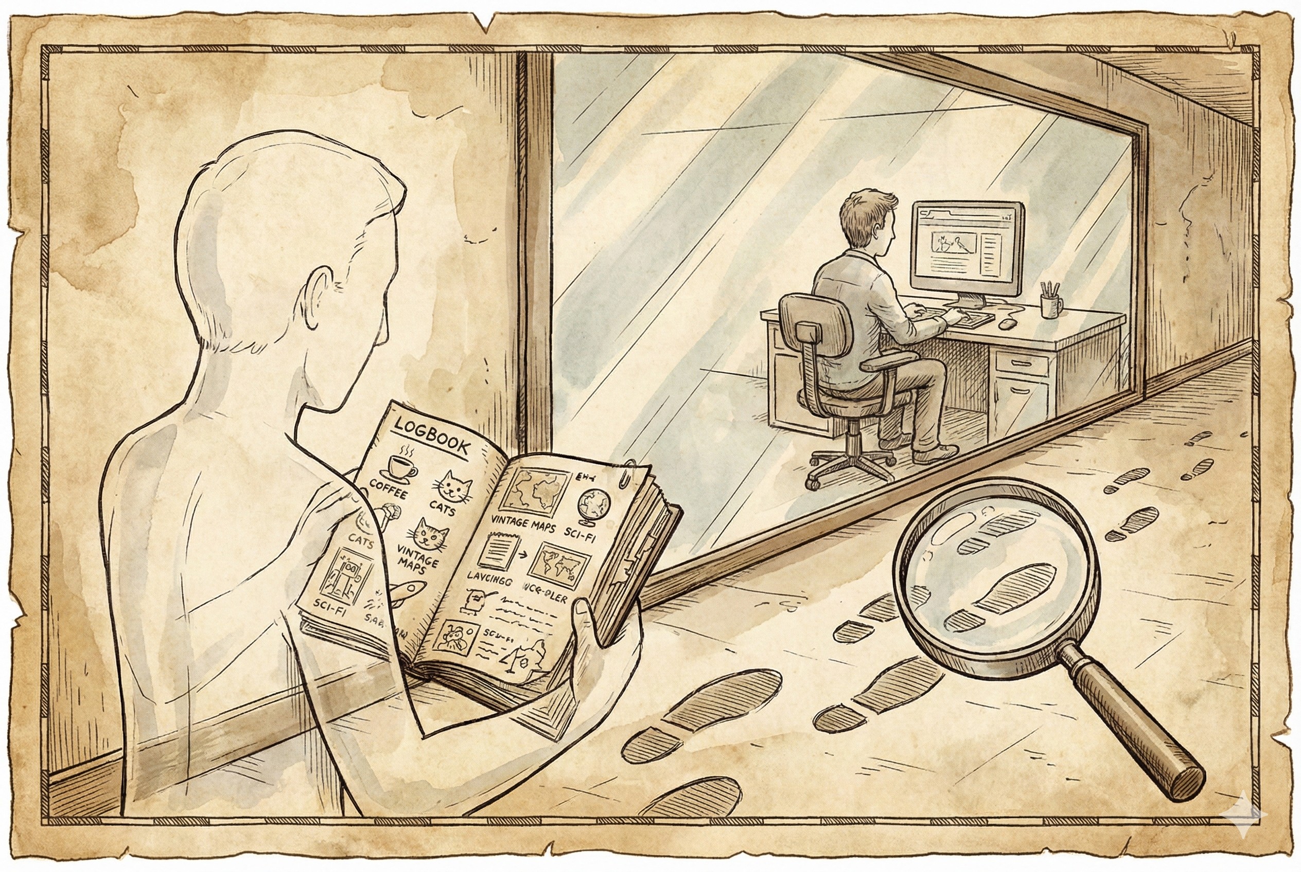 一个隐形的观察者透过巨大的单向玻璃观察着正在上网的用户，手里拿着写满用户喜好的记录本，地上的脚印被放大镜追踪，羊皮纸，钢笔彩色手绘的统一风格。