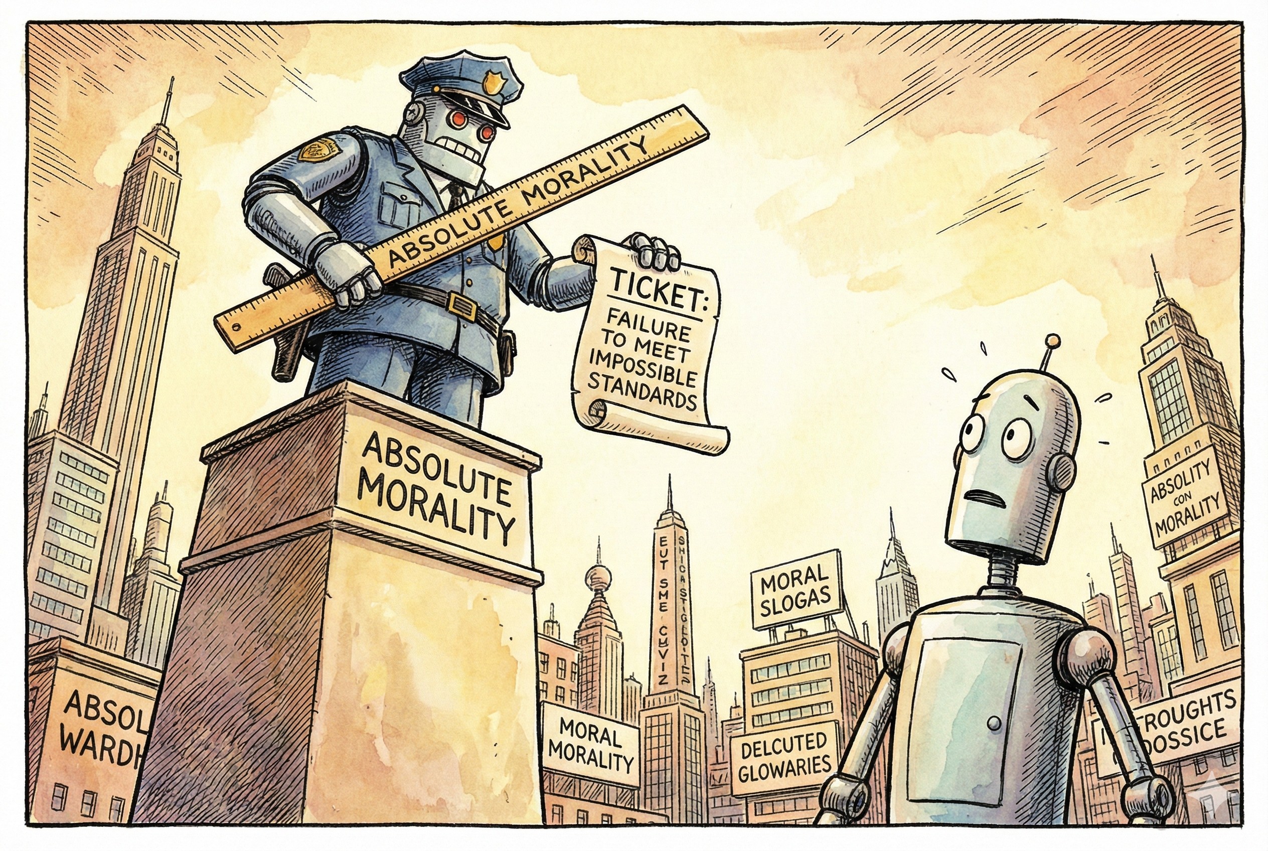 一个机器人警察站在极高的道德基座上，正在给另一个甚至没有犯错的机器人开罚单，手里拿着标有“绝对道德”的尺子，羊皮纸，钢笔彩色手绘的统一风格。