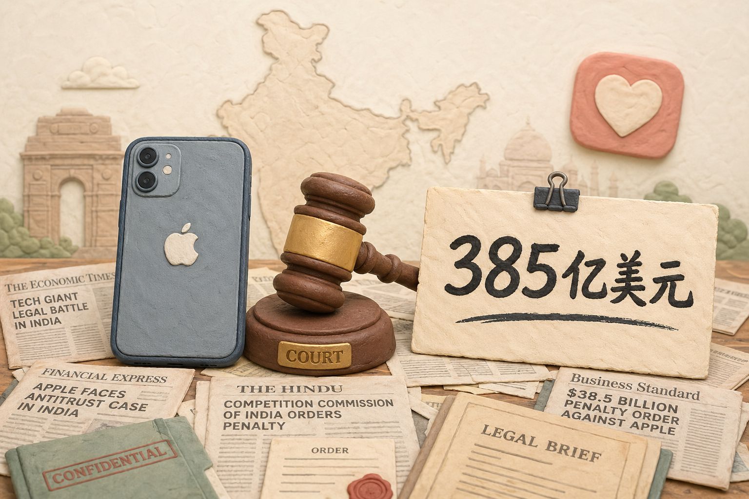 一张铺满旧报纸与法律文件的书桌上，一部带苹果标志的手机、一枚法槌、一张写着“385亿美元”的大字纸条并置，背景隐约可见印度地图轮廓与约会软件爱心图标，羊皮纸，钢笔彩色手绘的统一风格。