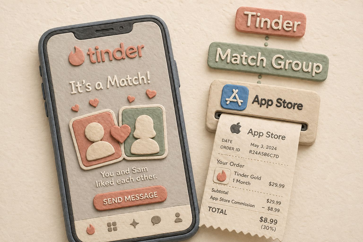 手机屏幕上显示约会软件匹配界面，屏幕上方浮着“Tinder”“Match Group”字样，另一侧是一只象征平台抽成的苹果商店小票从付款按钮上伸出，近景构图，羊皮纸，钢笔彩色手绘的统一风格。