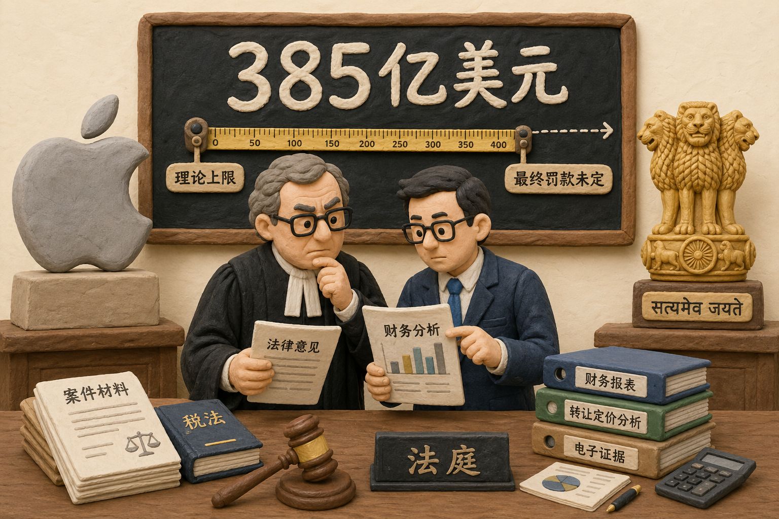 巨大的数字“385亿美元”被写在法庭黑板上，旁边一把卷尺从“理论上限”拉到“最终罚款未定”，一位法官和会计师站在苹果标志与印度国徽之间比对文件，羊皮纸，钢笔彩色手绘的统一风格。