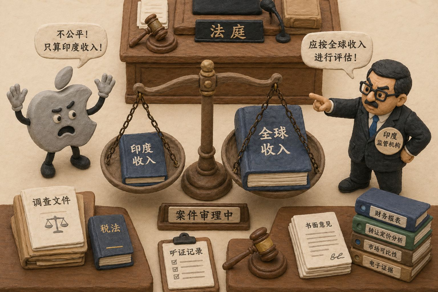 一座天平左侧放着标注“印度收入”的小账本，右侧放着标注“全球收入”的厚重总账，苹果标志站在一边抗议，印度监管官员指向右侧，法庭场景俯视角，羊皮纸，钢笔彩色手绘的统一风格。