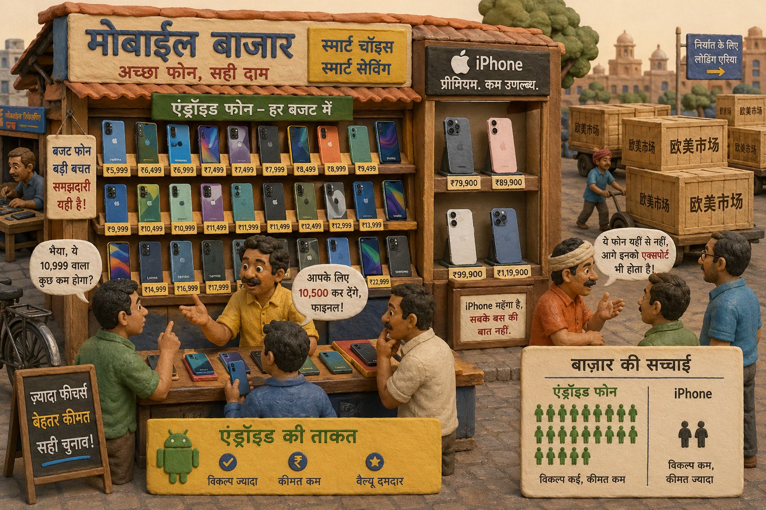 一张印度街头手机市场的场景，货架上大多数是安卓手机，角落里少量高价iPhone，商贩与顾客围绕价格交谈，远处有出口木箱写着“欧美市场”，羊皮纸，钢笔彩色手绘的统一风格。